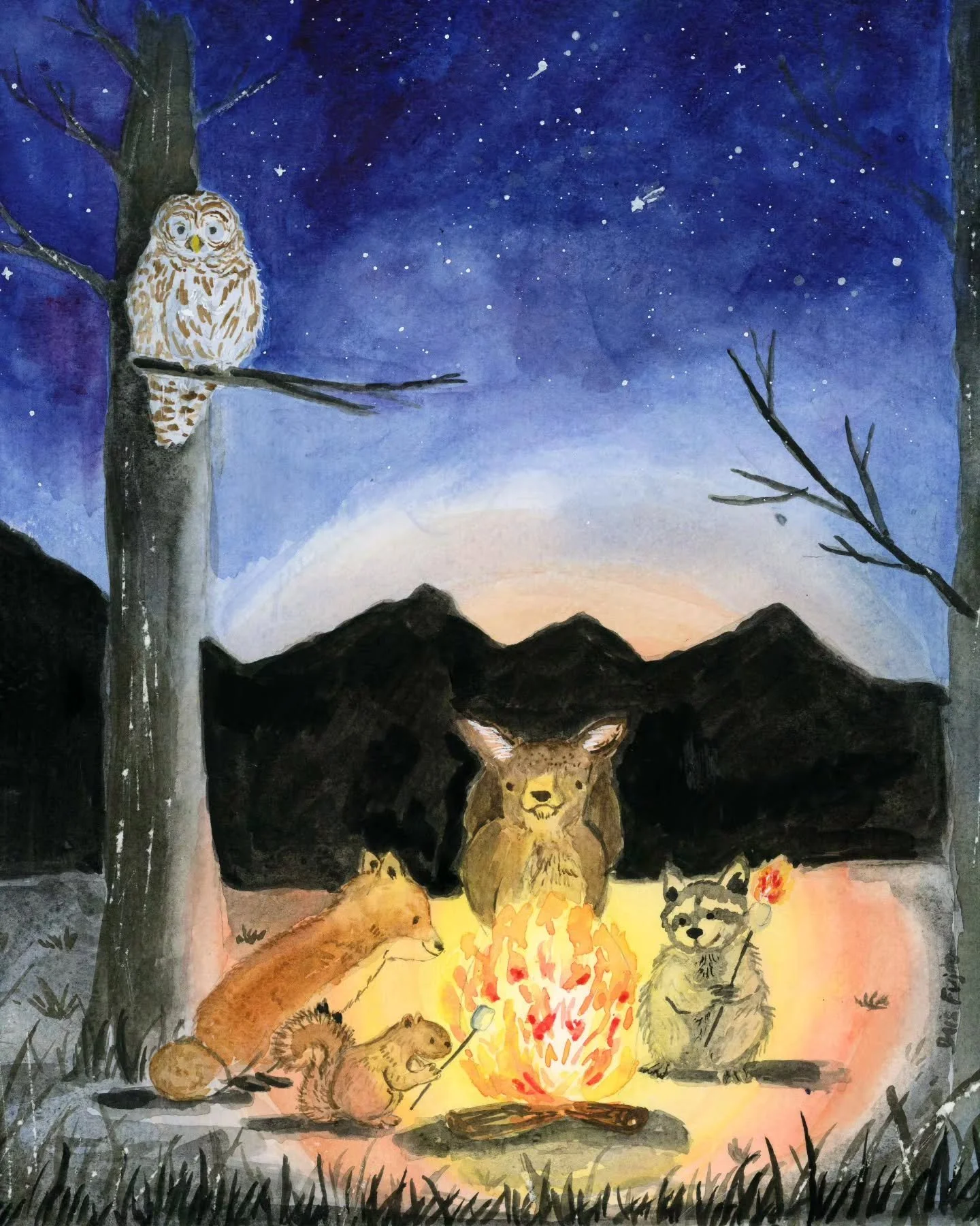 This piece is for anyone who values connection, hope, and a bit of whimsy. These animal friends gather around the campfire, roasting marshmallows and offering each other their presence. Stars have always stood for hope, a little light in a dark place