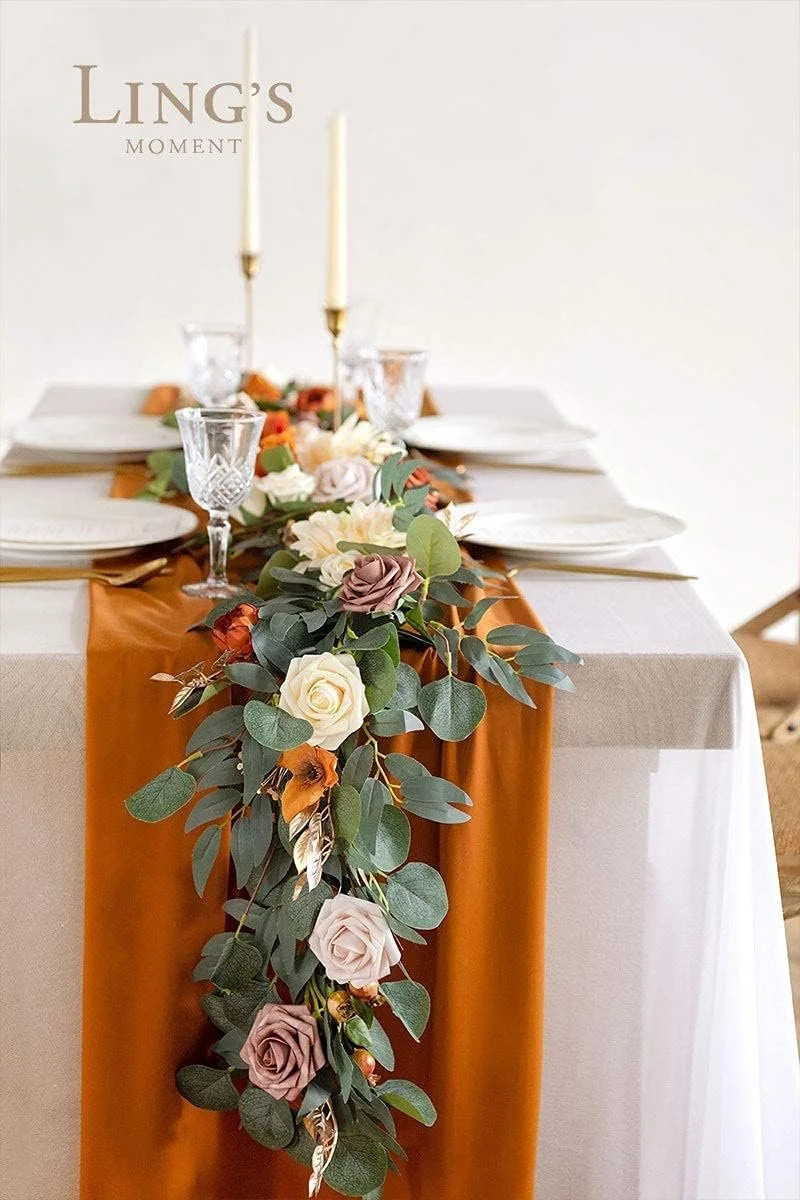 Ling's Moment Eucalyptus Garland with Flowers 6FT，Table Runner with Flowers Terracotta Handcrafted