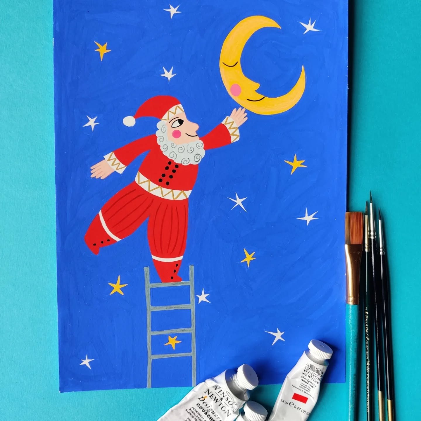 Behind the scenes at Christmas... Waking the Moon - because how will Father Christmas fill all those stockings without moonlight?! Shooting Stars, and Shining Rudolph's Nose. 🌙 ⭐🦌

My Christmas cards are now in my Etsy shop, link in bio. 😍

#chris