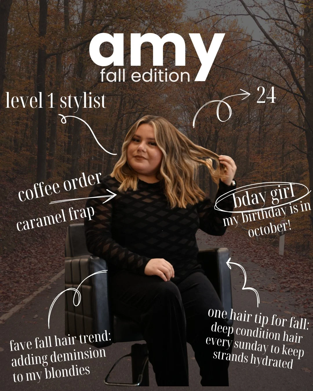🍂 Meet the Team: Fall Edition 🍂⁠
Say hi to Amy! ✨ Our Level 1 Stylist and October birthday girl who&rsquo;s celebrating the season with caramel frappes and cozy vibes all month long.⁠
⁠
Her fave fall hair trend? Adding dimension to her blondies for