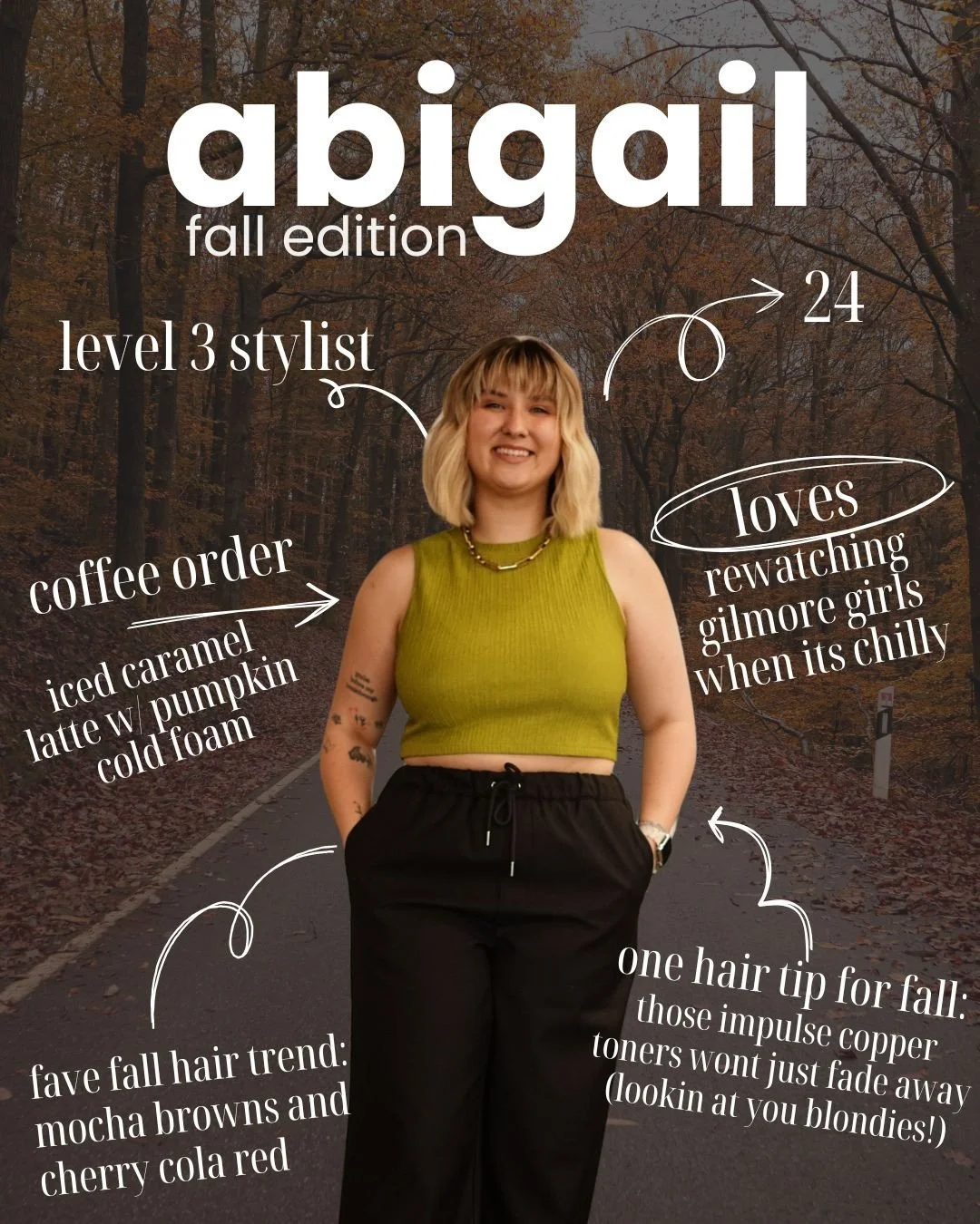 Meet the Team | Fall Edition 🍂⁠
⁠
Abigail is a Level 3 Stylist who&rsquo;s all about cozy vibes, Gilmore Girls reruns, and an iced caramel latte with pumpkin cold foam in hand 🤎⁠
Her favorite fall hair trends? Mocha browns and cherry cola reds- and