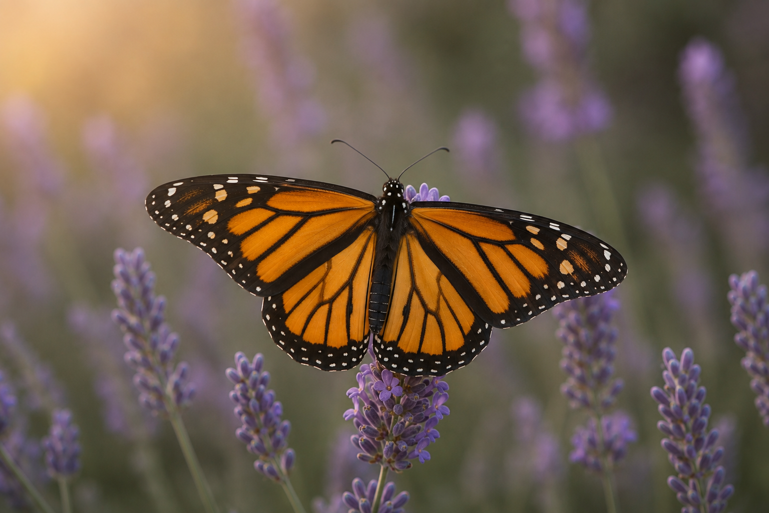 A monarch butterfly with orange and black wings resting on a purple lavender flower, with a blurred background of purple lavender flowers.