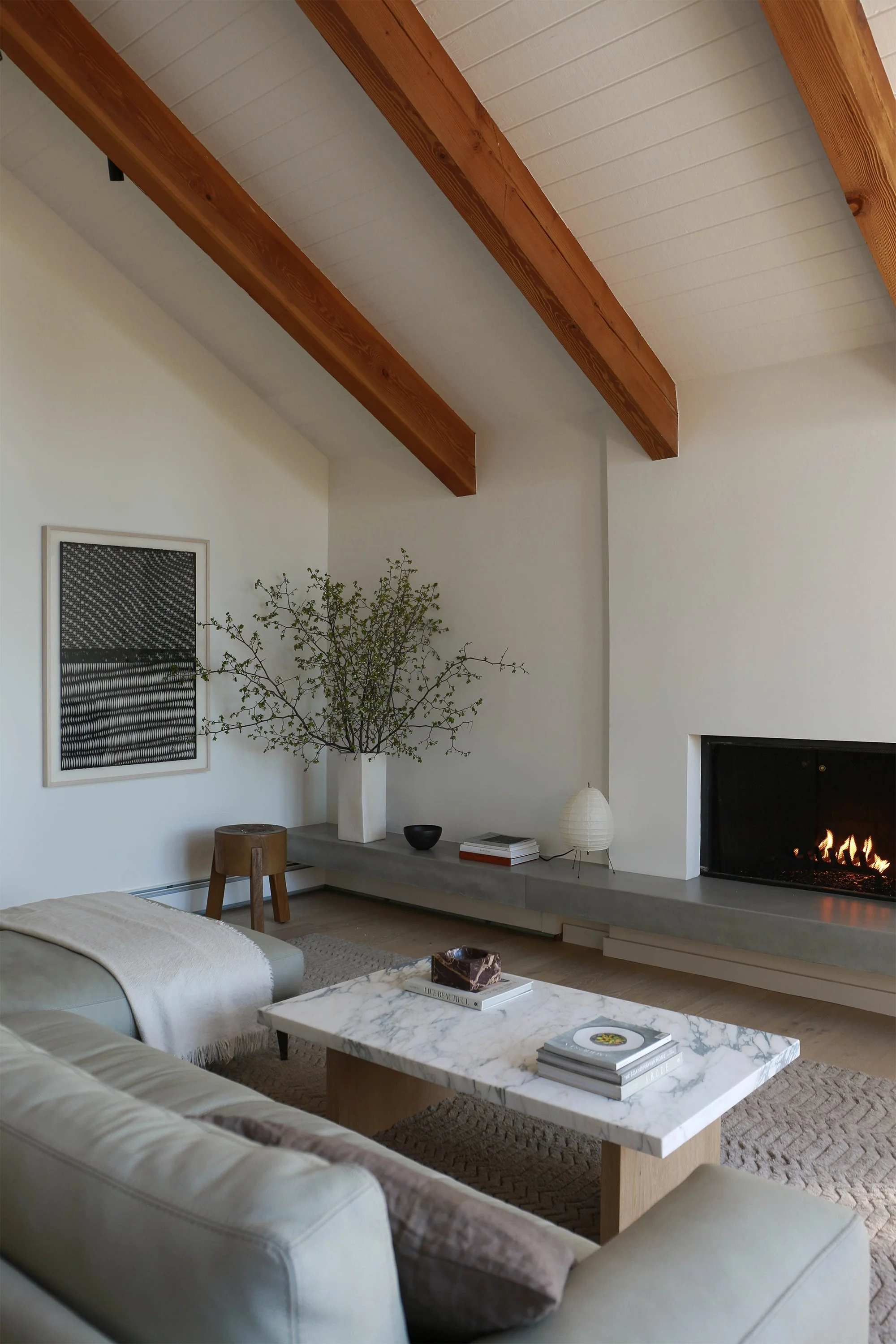 Living room view showing fireplace, sofa, coffee table, vase with large branches.