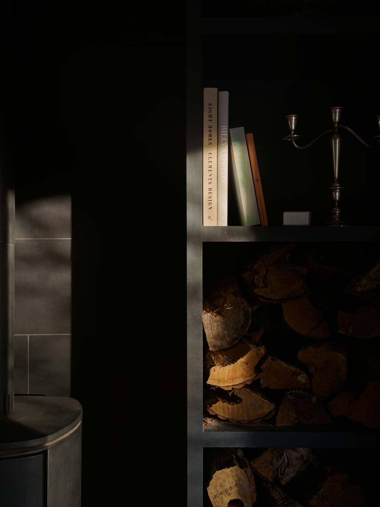 Closeup of books and fire wood in bookcase.
