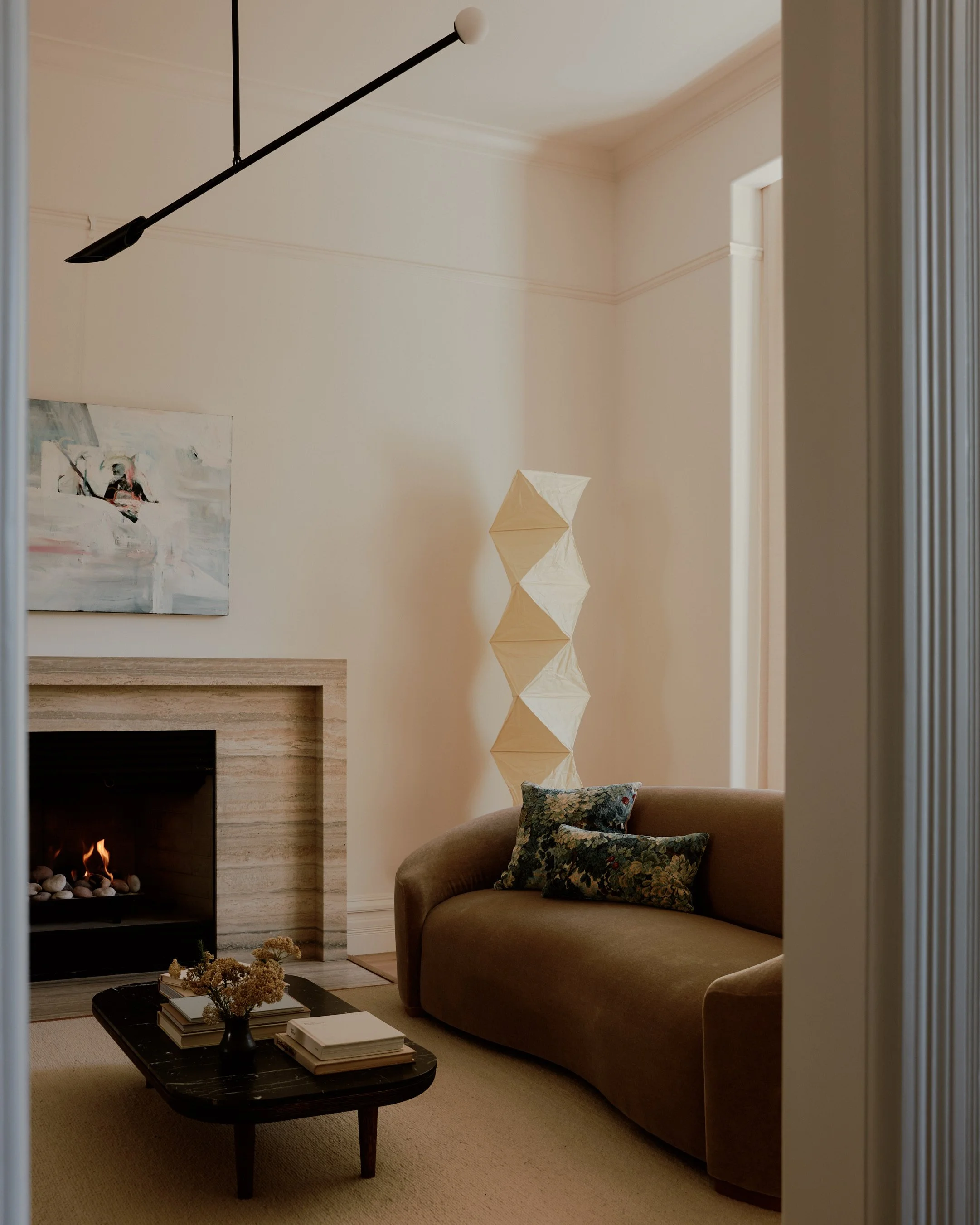 Seating area with fireplace.