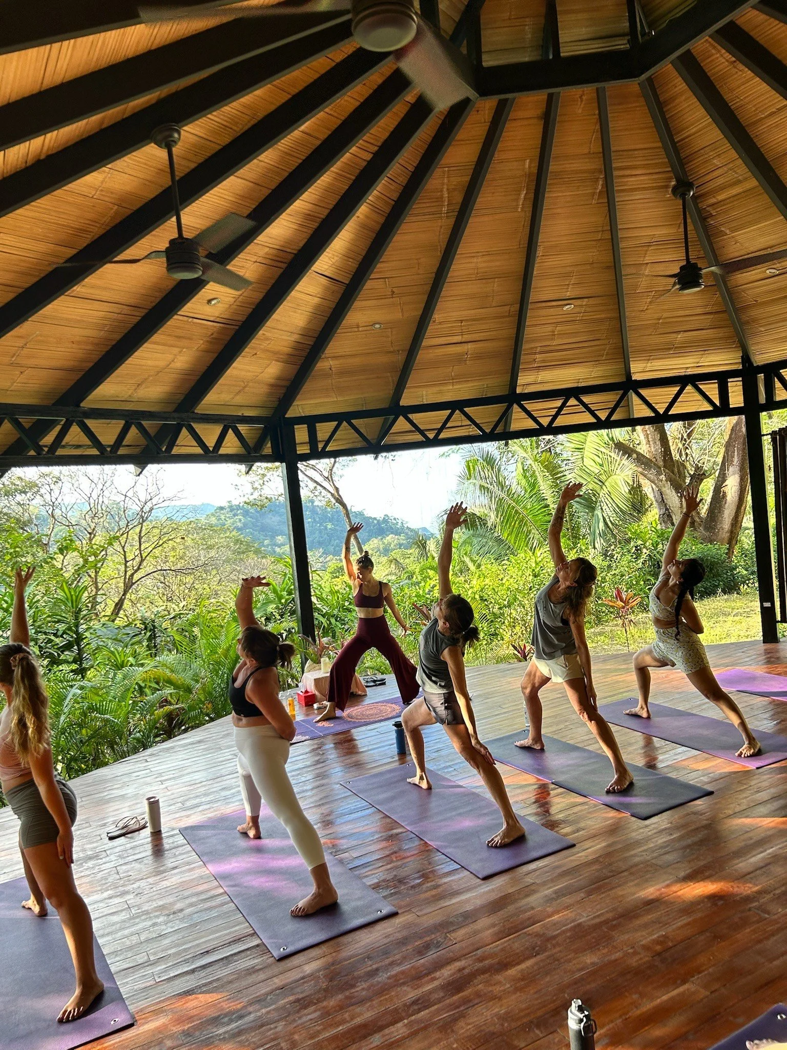 A group of people practicing yoga on mats in an open pavilion with a wooden floor, surrounded by lush greenery and trees.