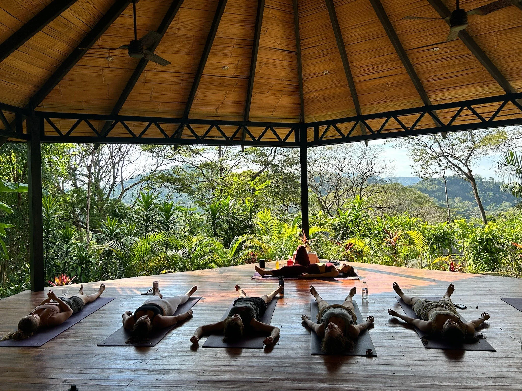 People practicing yoga on mats in a shaded outdoor pavilion with lush greenery and trees in the background.