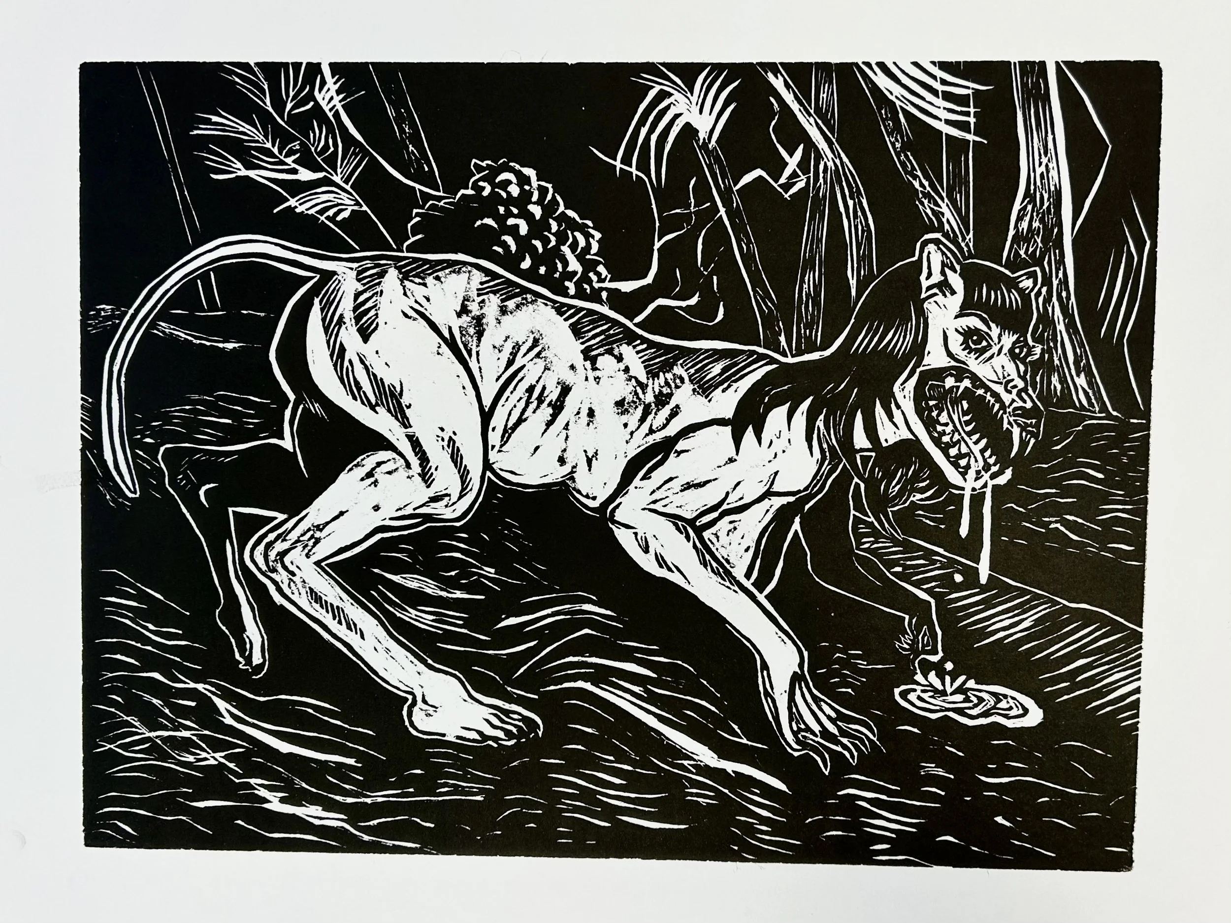 Kitty, woodcut relief