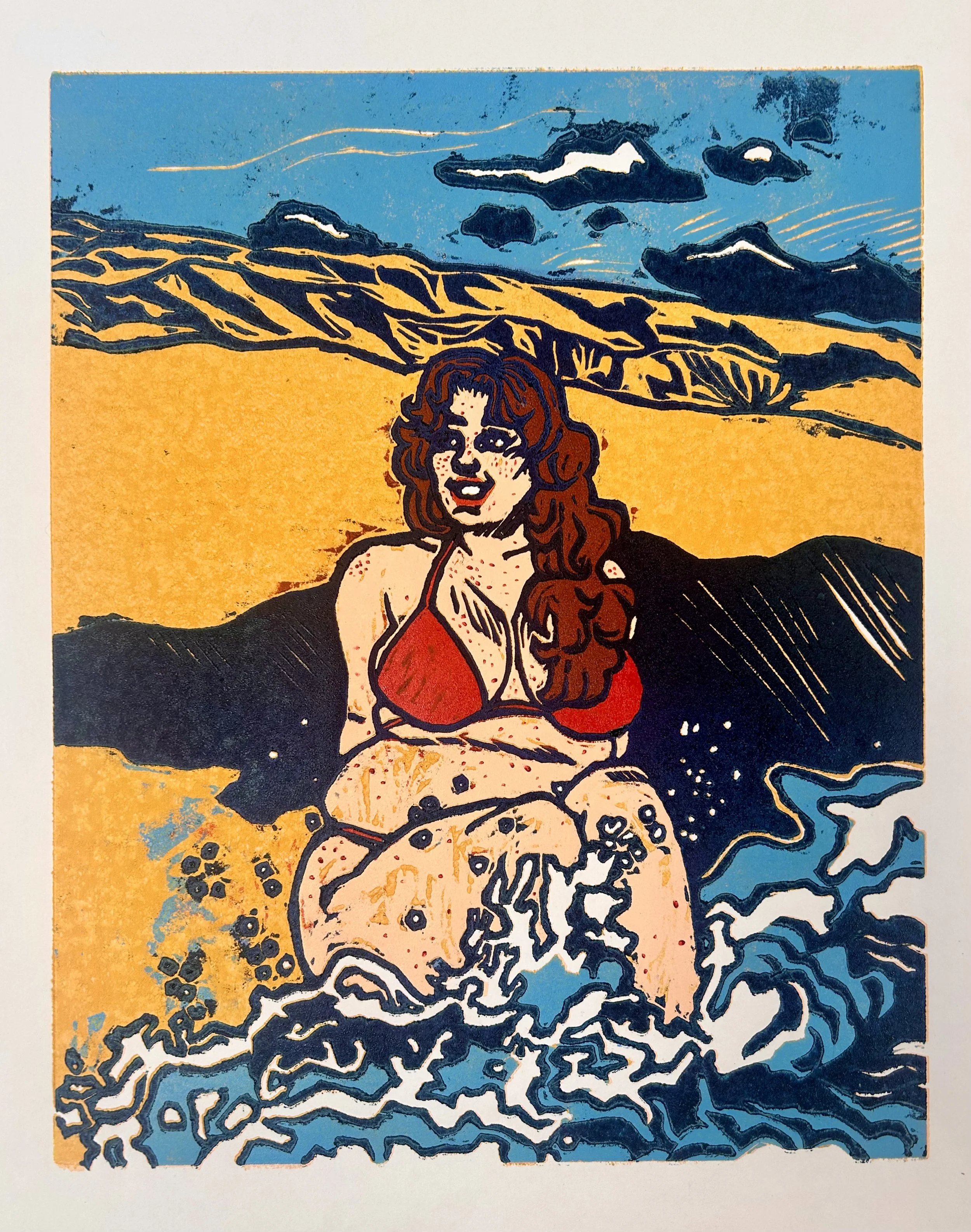 Camilla at the Beach, "suicide print", woodcut