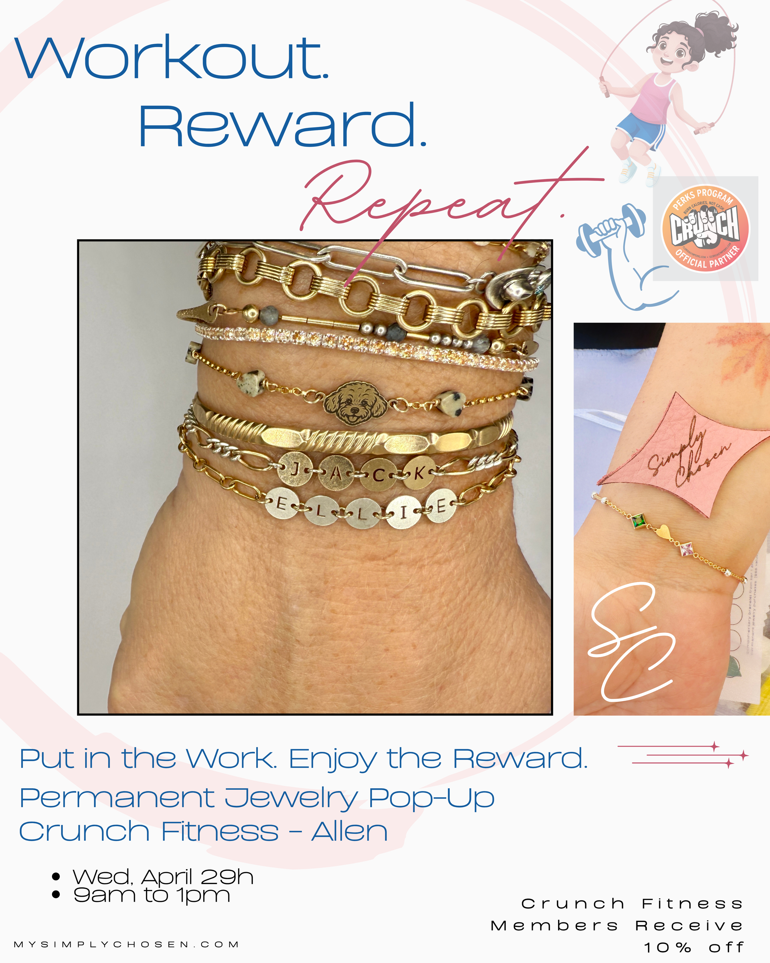 Simply Chosen permanent jewelry pop-up at Crunch Fitness Allen on April 29, 9am–1pm, featuring sweat-proof, water-friendly jewelry and a 10% member discount.