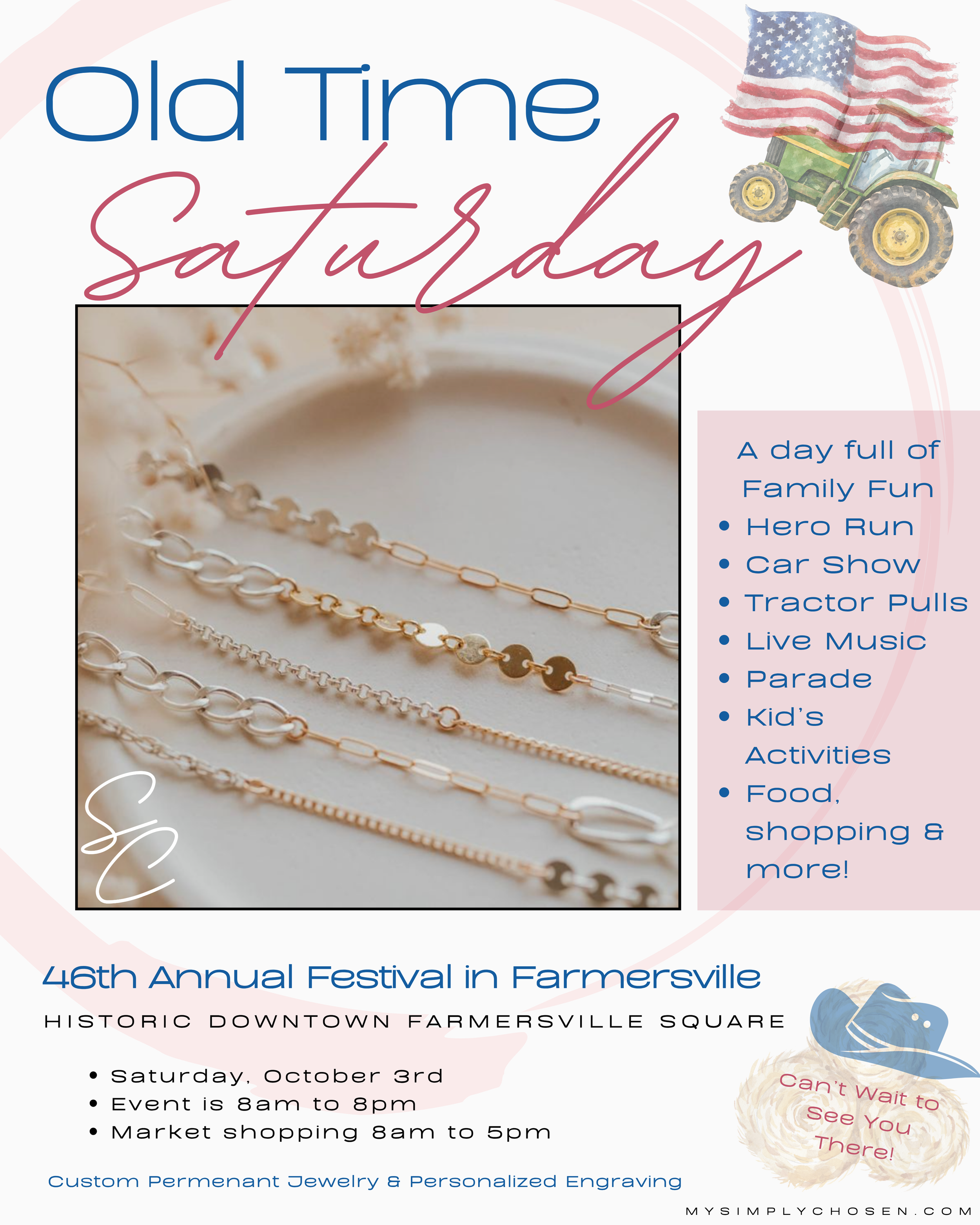 Simply Chosen permanent jewelry and personalized engraving at Old Time Saturday in historic downtown Farmersville, Texas, October 3, 2026