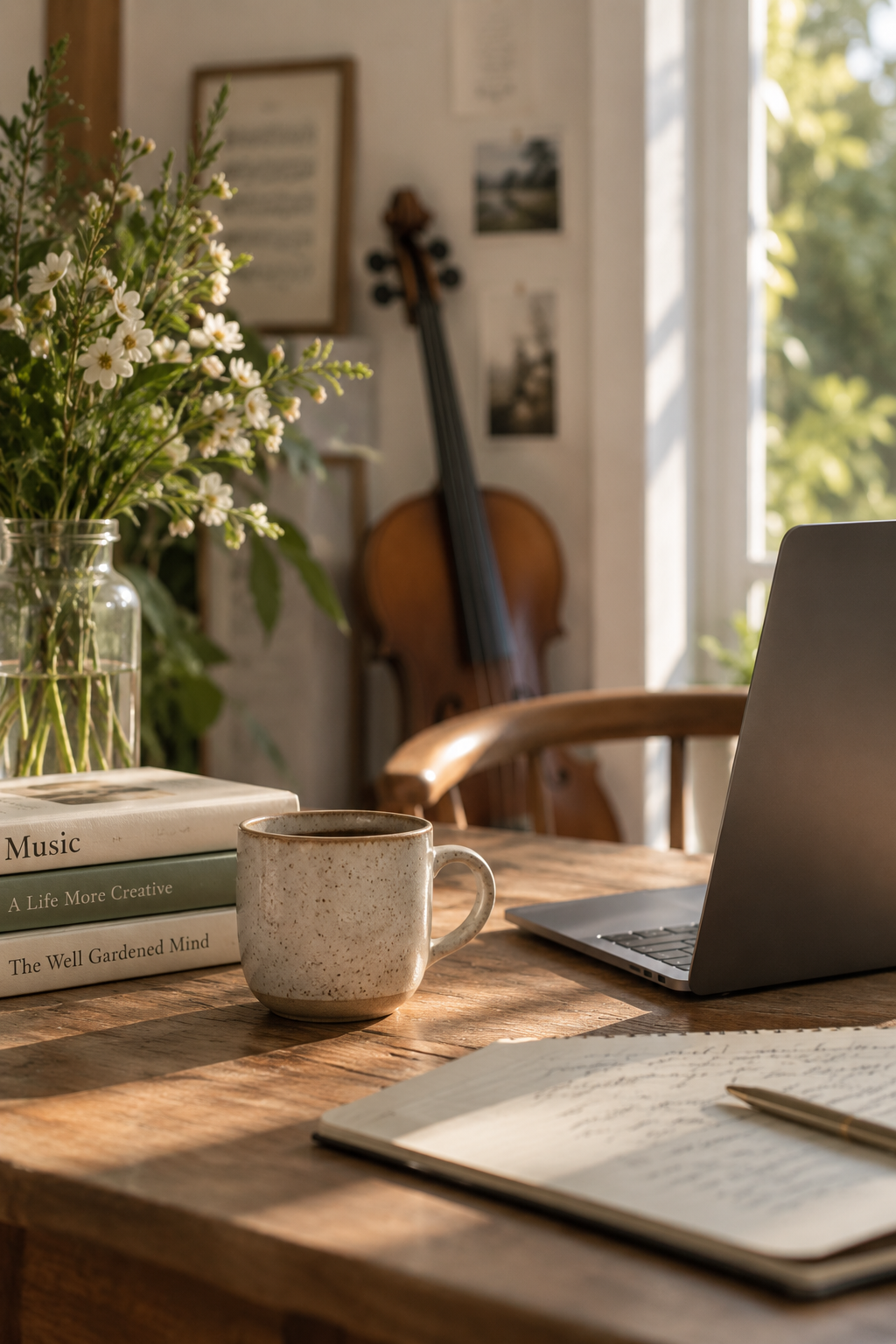 Sunlit creative workspace with laptop, coffee, notebook, flowers and a string instrument in the background.