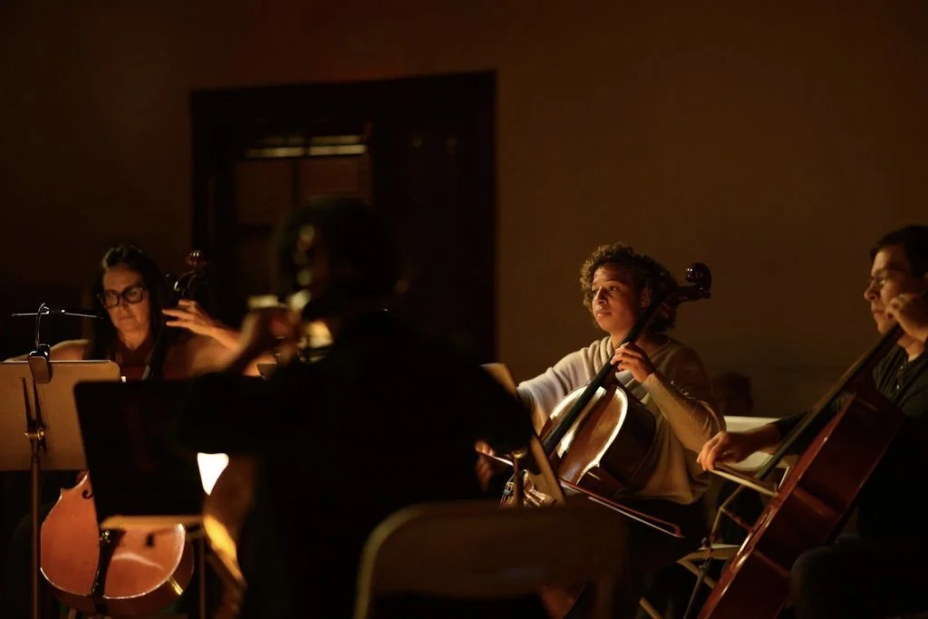 A group of musicians playing the cello, in a dimly lit room, during a performance.