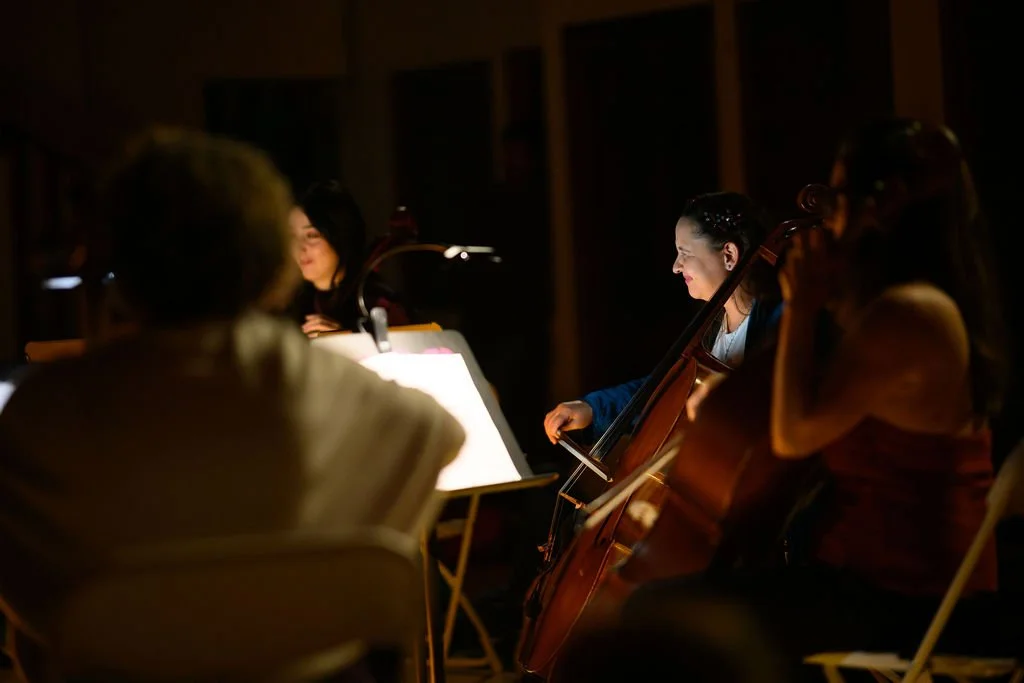 A group of musicians playing string instruments, including a woman with a cello, during an intimate indoor performance.
