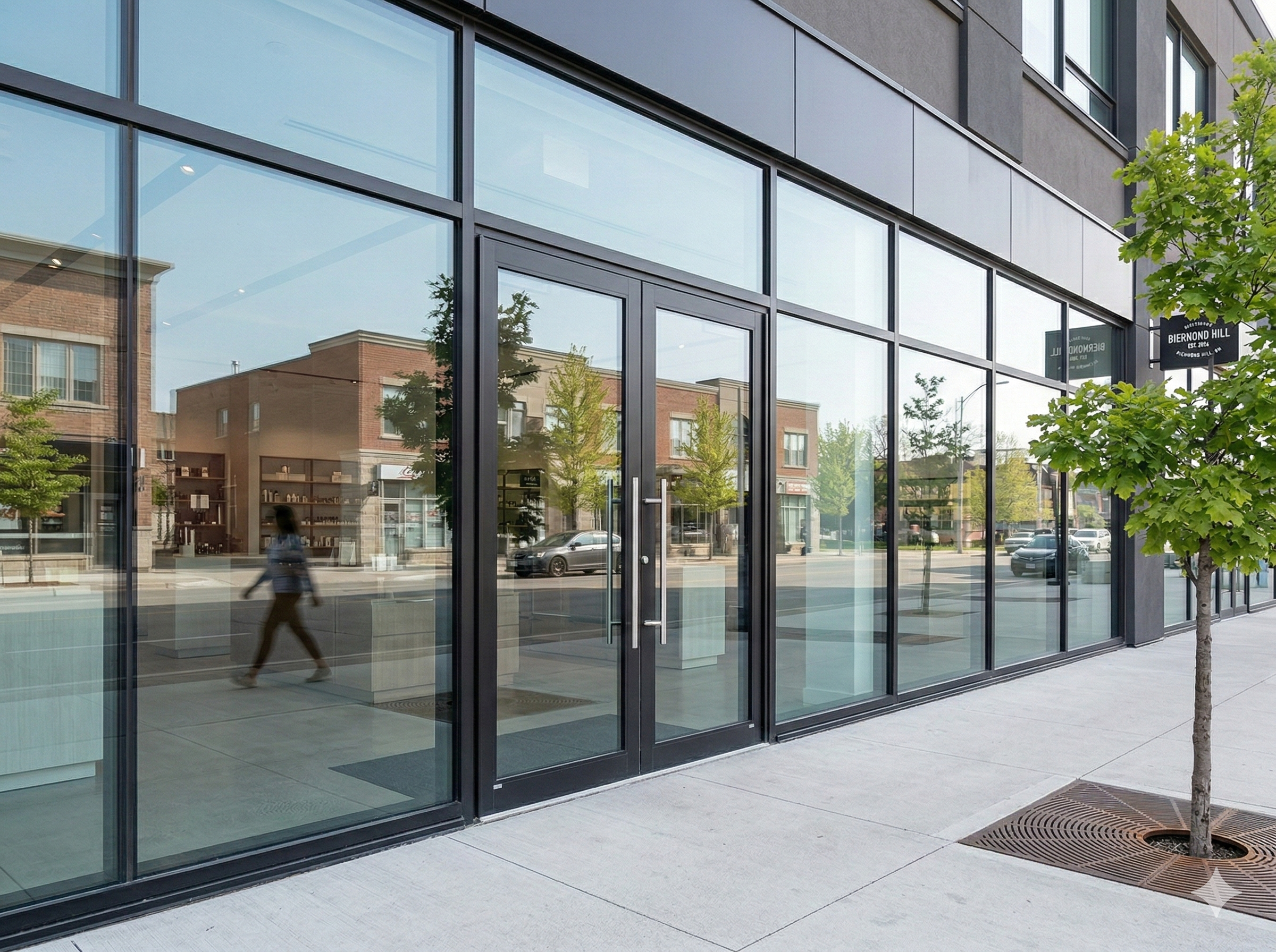 Tempered glass storefront entrance system in Ontario