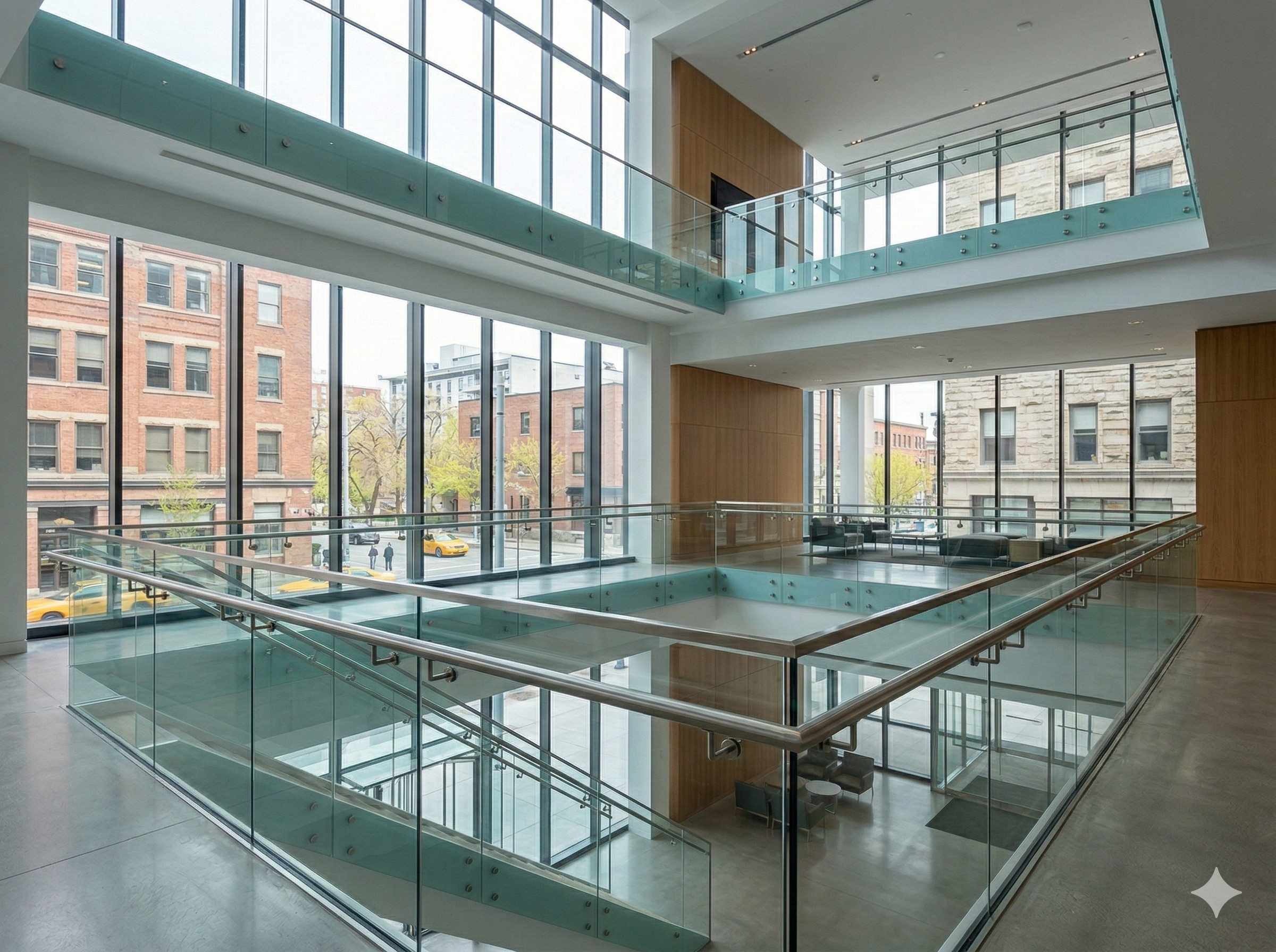 Tempered glass railing system in commercial property