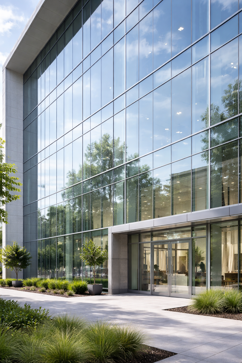 Commercial curtain wall with laminated safety glass