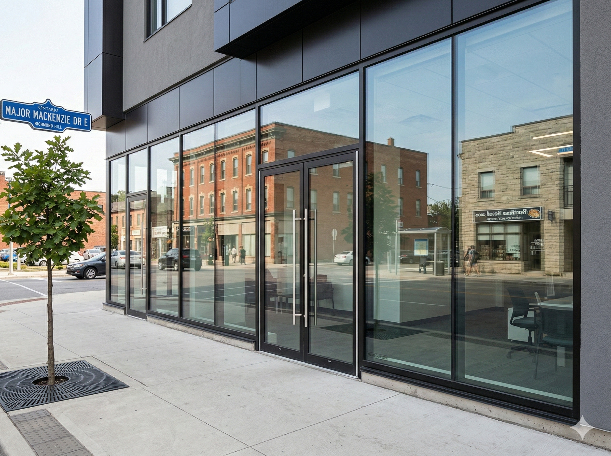 Commercial tempered glass storefront installation in Ontario