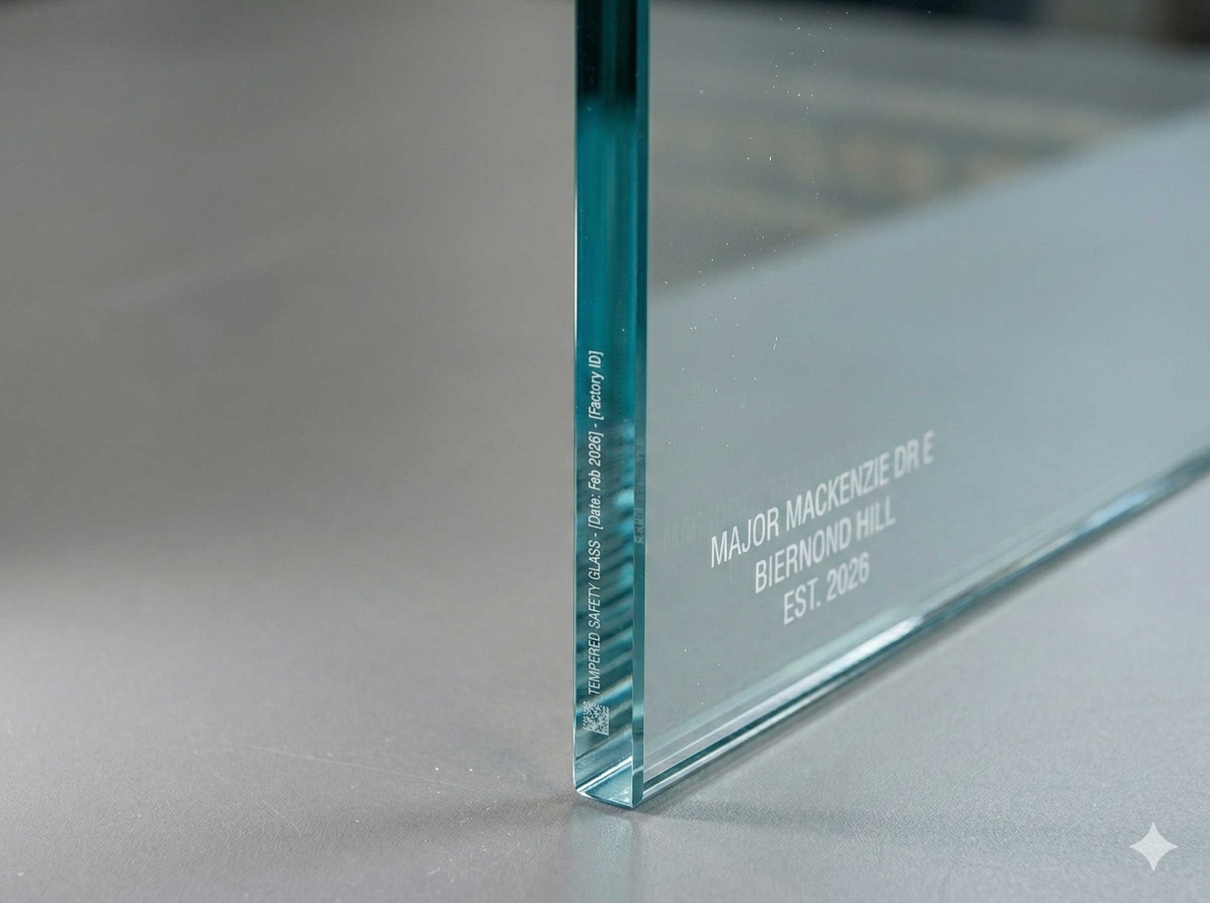 Tempered glass edge detail showing heat-treated safety glass thickness