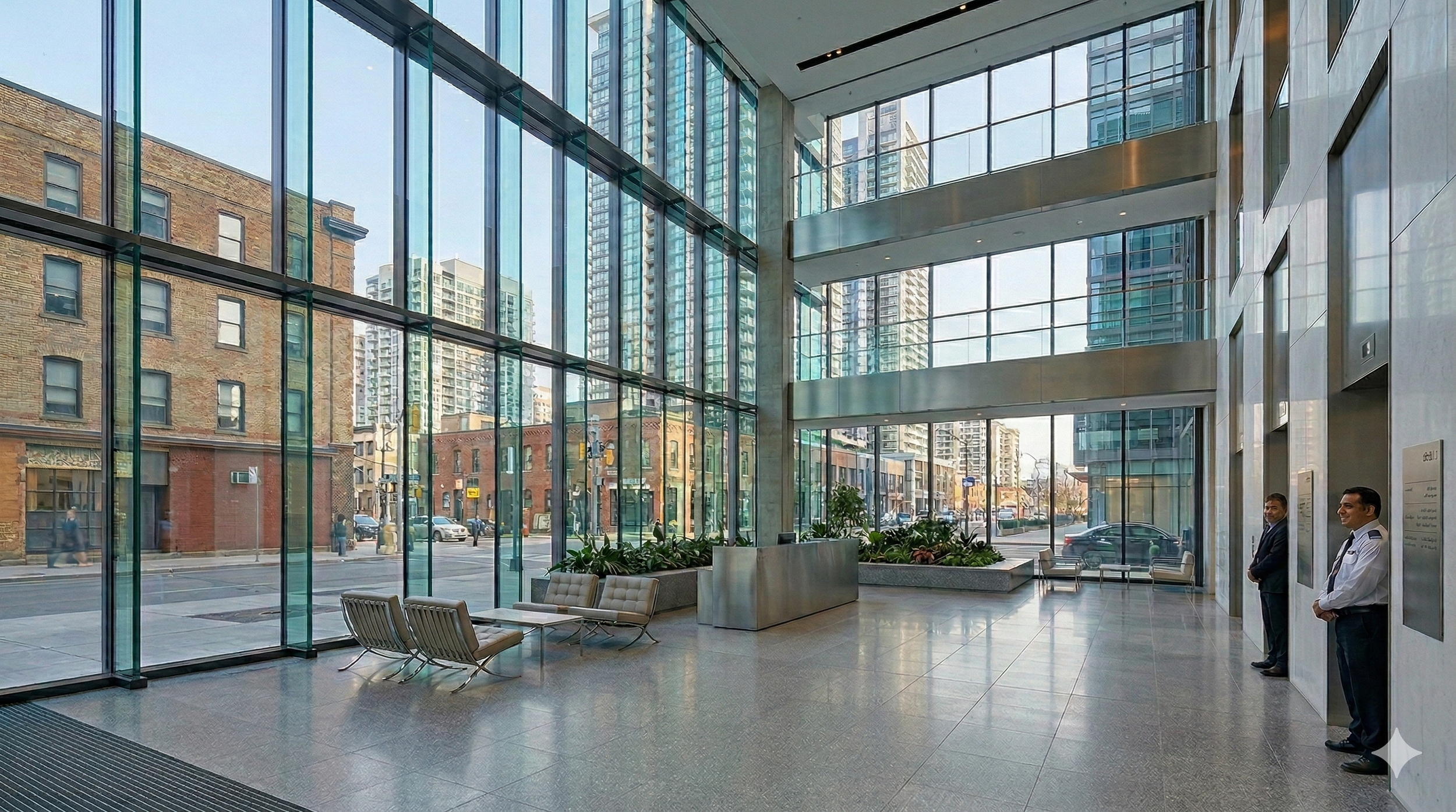 Commercial laminated glass façade installation in Ontario