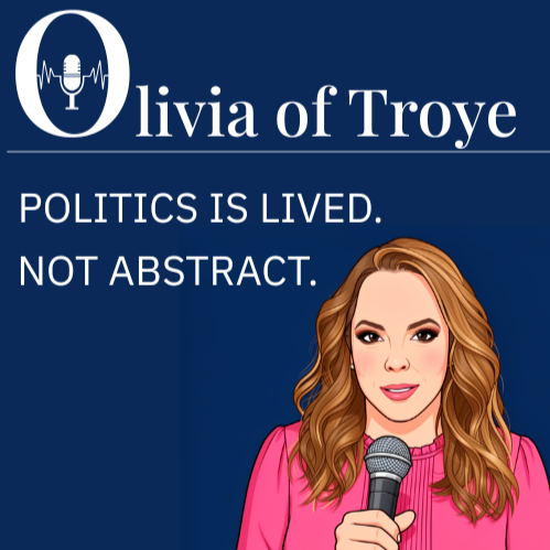 Illustration of a woman with long wavy hair holding a microphone, wearing a pink shirt. A logo with a microphone and the text 'Olivia of Troye' appears above, along with the slogan 'Politics is lived. Not abstract.' against a blue background.
