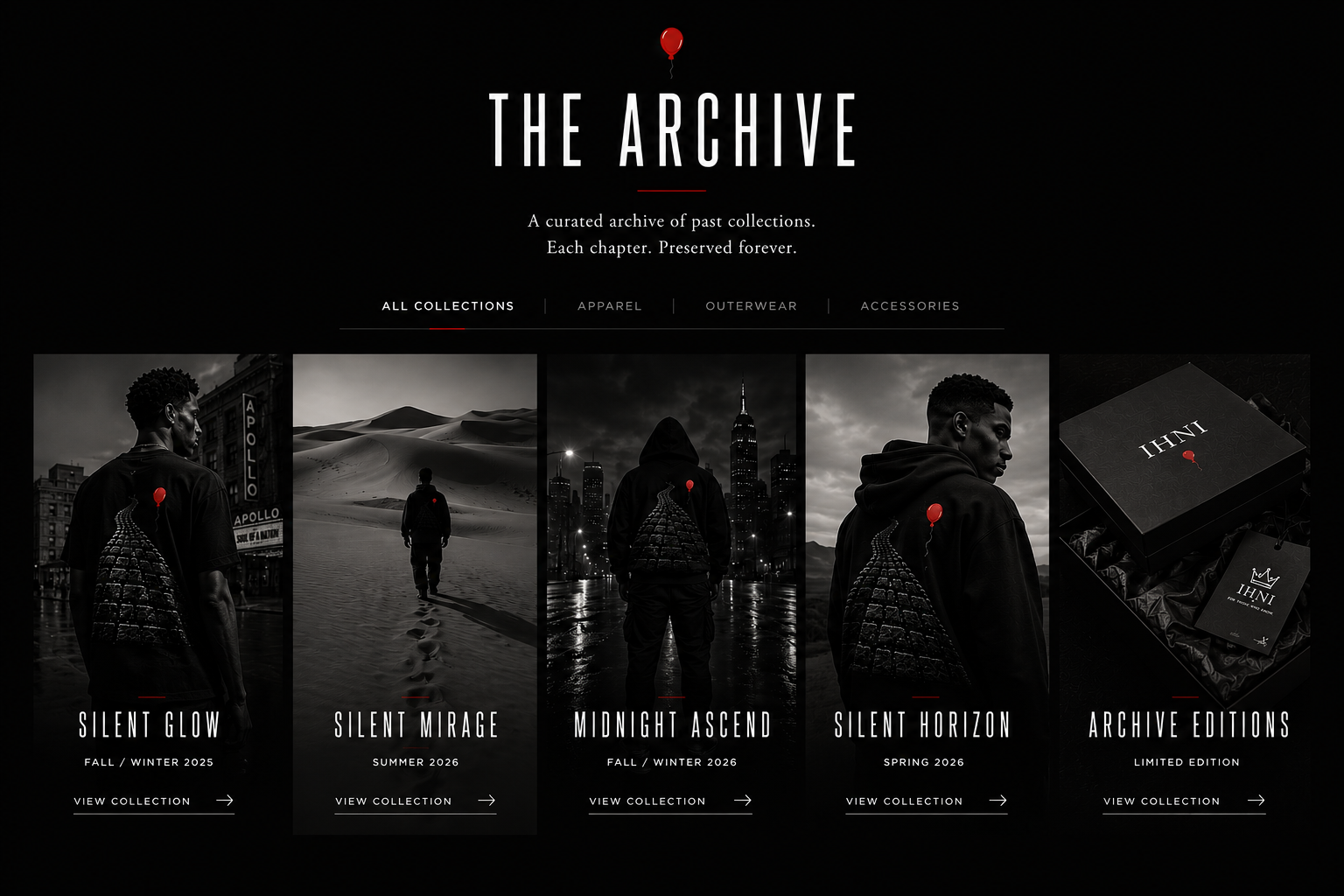 A webpage titled 'The Archive' displays a collection of fashion items with a black background and white text. It features five sections: four with black and white photos of individuals in street or urban settings, each labeled with collection names and seasons, and a fifth showing a black box with the brand logo 'IHNI' and a tag, labeled 'Archive Editions'.