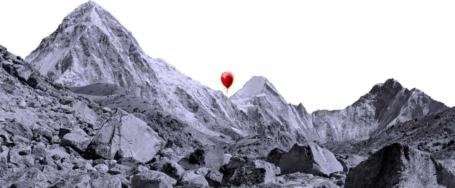 Black and white mountain landscape with a red heart-shaped balloon floating in the sky.