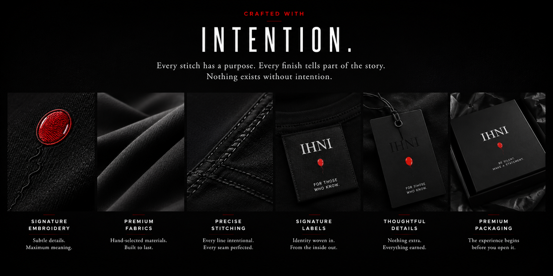 A advertising layout for a clothing brand emphasizing craftsmanship and attention to detail. It features close-up images of embroidered fabric, sewing stitching, brand labels, tags, and premium packaging. The text highlights the brand's focus on intention, signature embroidery, fabrics, stitching, labels, details, and packaging.