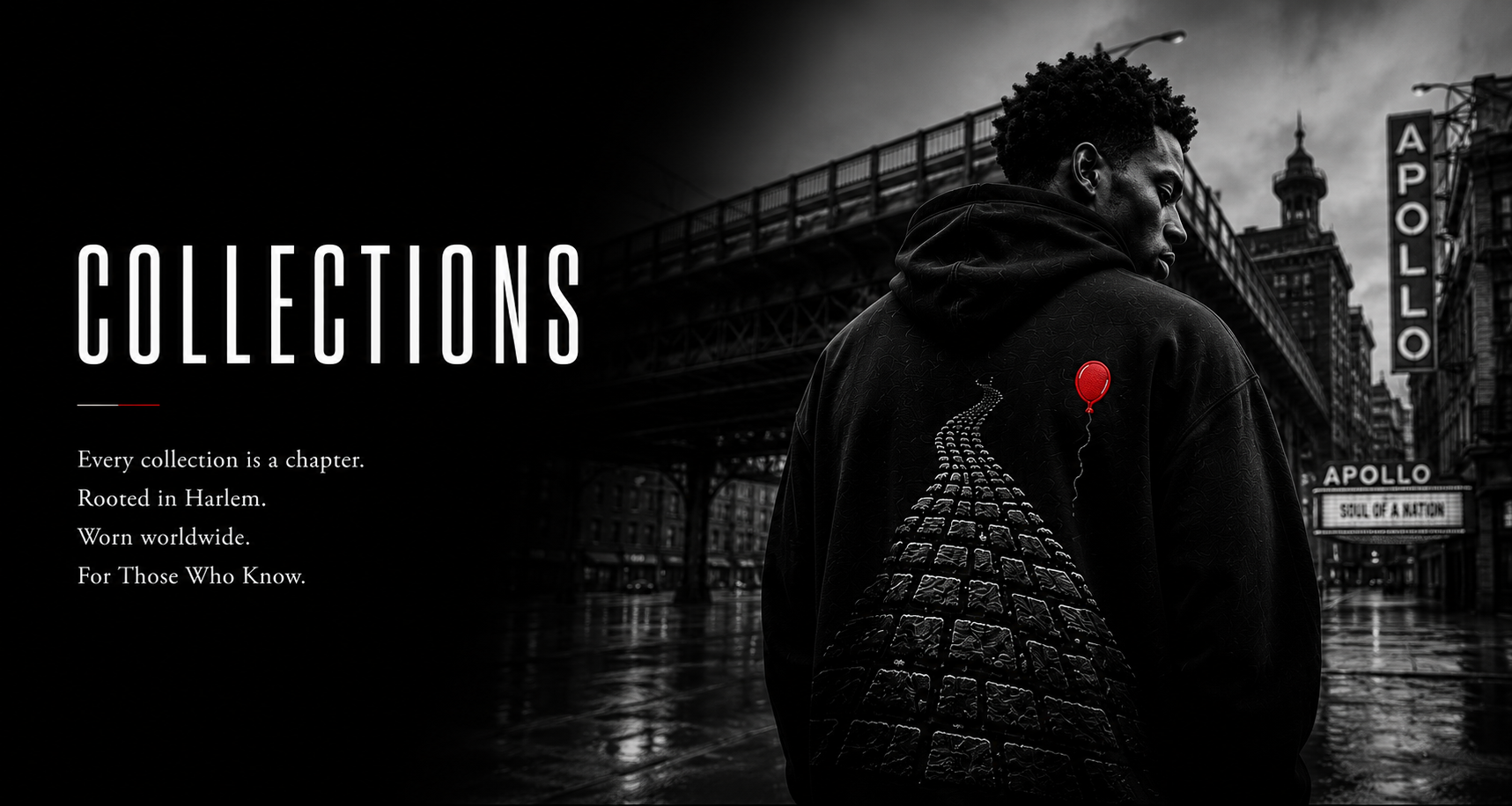 A young man with curly hair wearing a black hoodie with a red balloon graphic, standing on a wet city street at night in front of the Apollo theater, with the word "COLLECTIONS" and a tagline about Harlem.