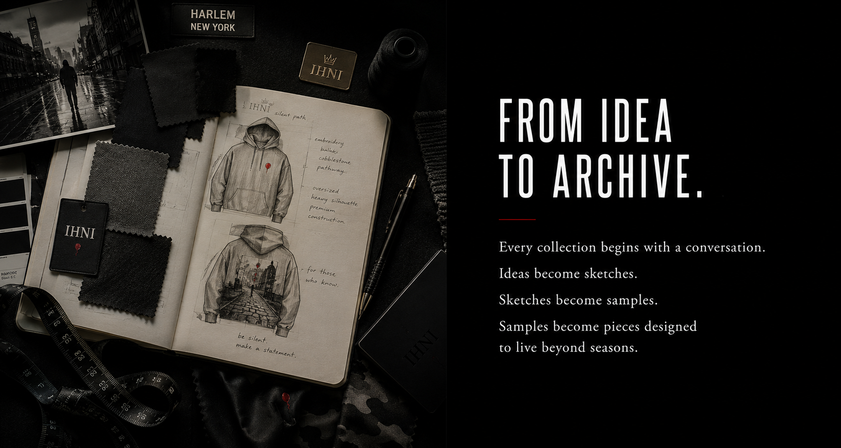 Design sketches of hooded jackets, fabric swatches, a photograph of a city street, and fashion design tools with the phrase 'From Idea to Archive' and related text.