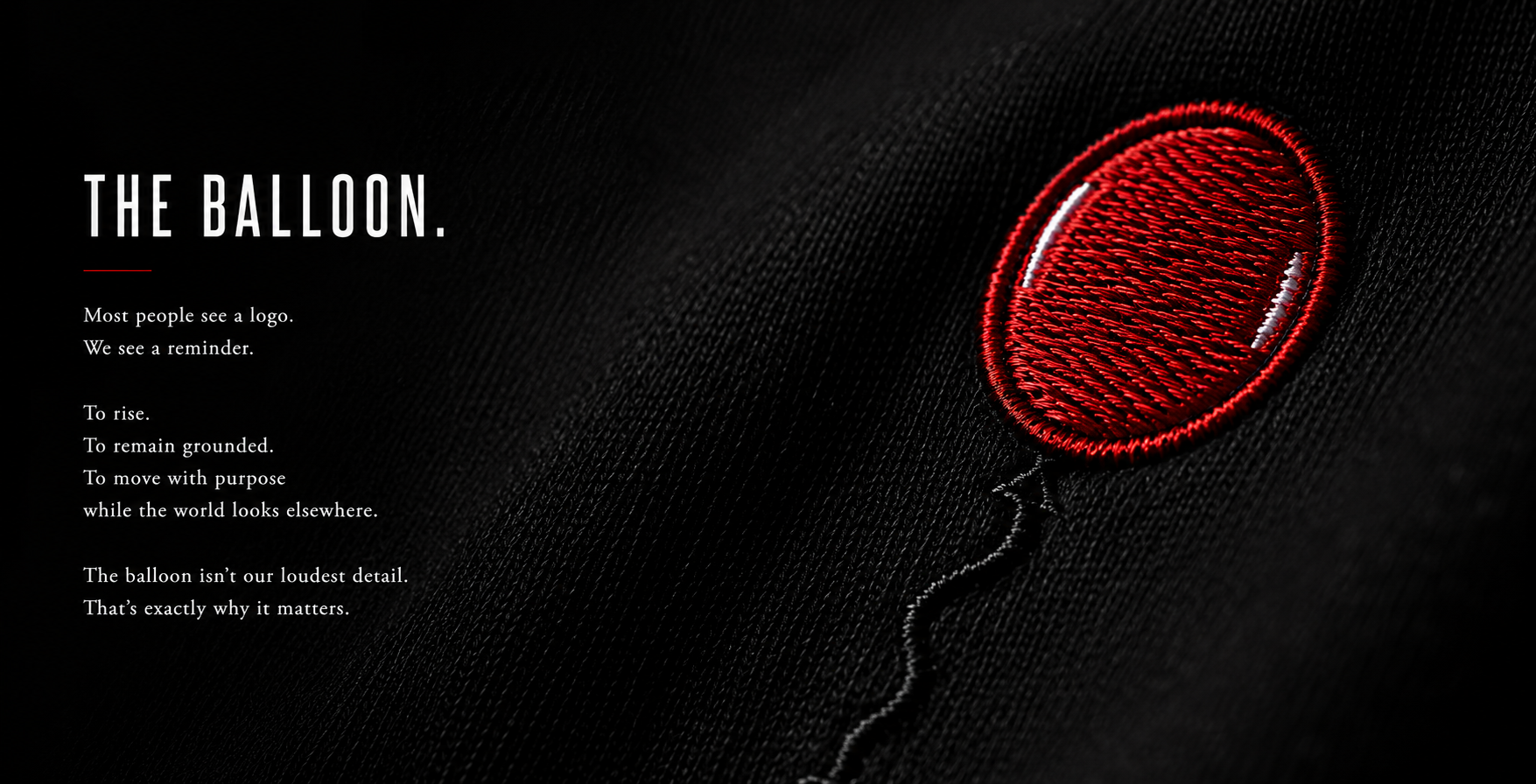 Close-up of a red embroidered balloon patch on black fabric, with white outline and a string, accompanied by text about the significance of the balloon as a reminder.