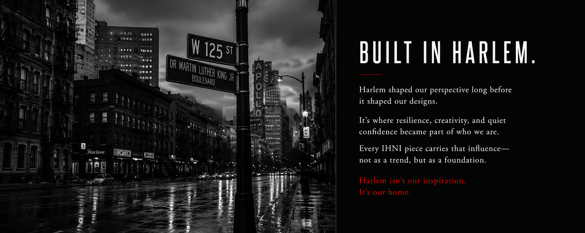 Black and white photo of a city street intersection in Harlem, New York City, with street signs for W 125th Street and Dr. Martin Luther King Jr. Boulevard. A neon Apollo sign is visible in the background. Overlaid on the right side is text about Harlem's influence on design and culture.