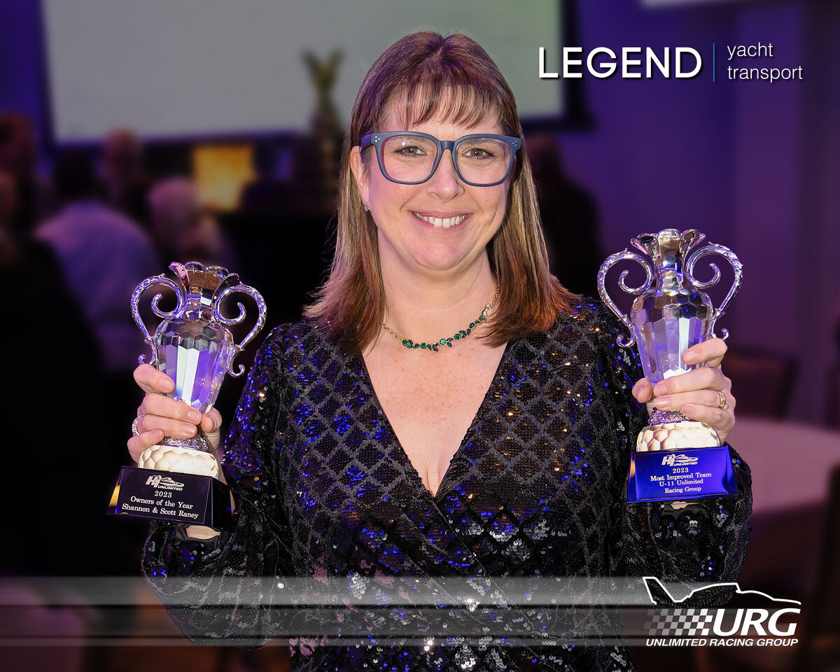 The U-11 Legend Yacht Transport team brought home two awards from the H1 Unlimited 2023 Banquet. Owner Shannon Raney holding the awards for the 2023 Owner of the Year award for Scott and Shannon Raney, and the 2023 Most Improved Team of the Year.

Th