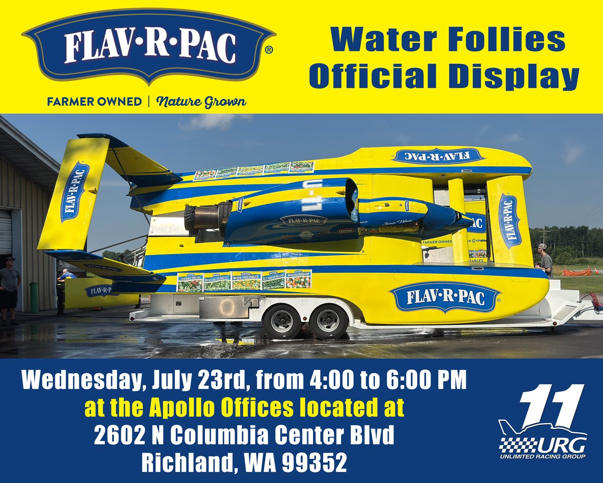 Come see the U-11Miss FLAV-R-PAC at the Water Follies Display at the Apollo Offices located at 2602 N Columbia Center Blvd, Richland, WA 99352, Wednesday, July 23rd from 4:00 to 6:00 pm.
@tricitywaterfollies | @h1_unlimited_hydroplanes