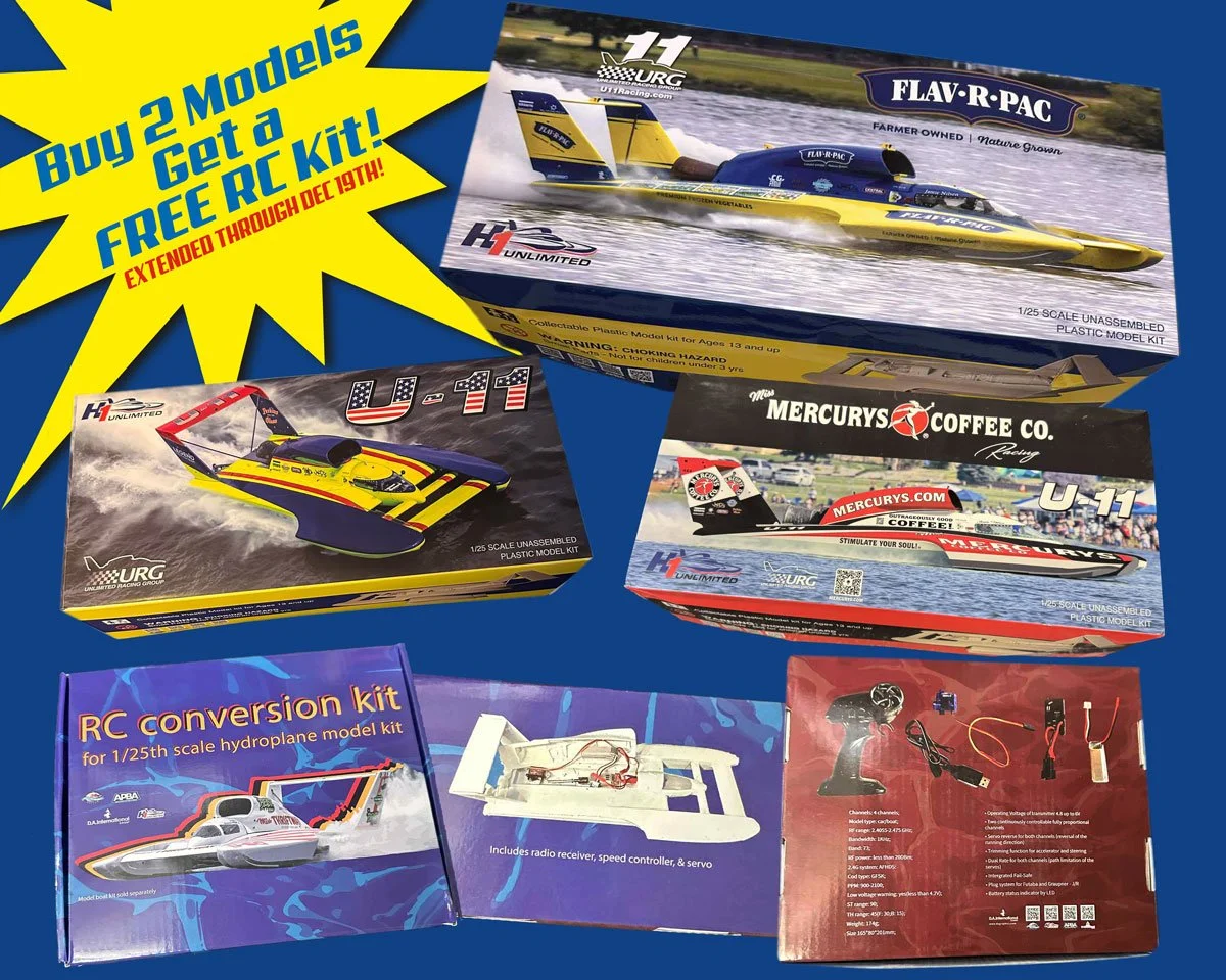SALE EXTENDED TO FRIDAY! Buy 2 of our 1/25 plastic hydroplane models and get a FREE RC conversion kit. Sale good through December 19, 2025. Check it all out at u11racing.com.

@h1_unlimited_hydroplanes | @gvillehydrofest | @madison.regatta | @tricity