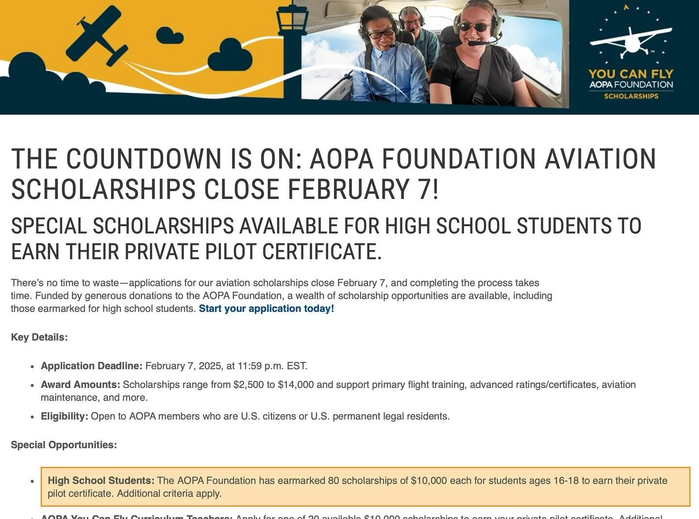 🚨HEY PILOT- stop scrolling! 
@flywithaopa scholarship LAST CALL! Deadline February 7th! 
Join AOPA and apply! No excuses! Free membership to high school students and /or free 3 month trial membership for NEW adult members. 

Visit www.aopa.org for m