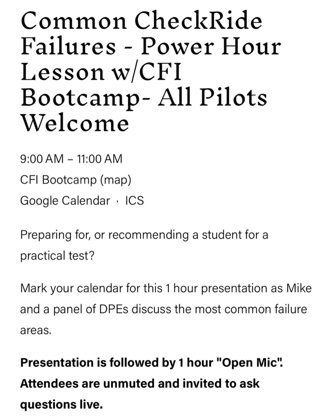 Preparing for, or recommending a student for a practical test or checkride? 
Join Mike and a panel of DPEs as they discuss the most common failure areas. 

Host: @cfibootcamp 

More information on how to join the webinar:
Rotorheadresources.com/webin