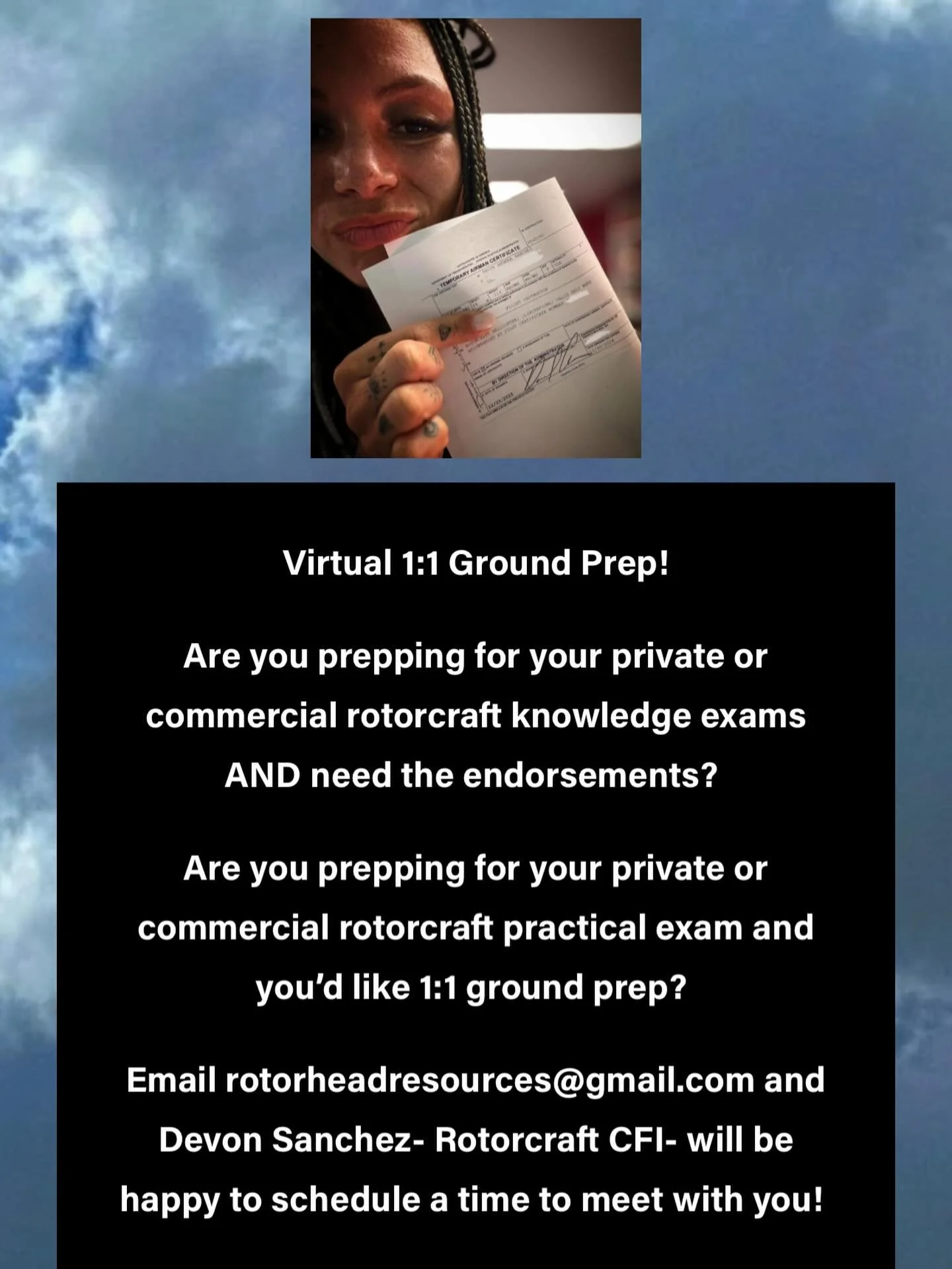 The wait is over!
Virtual 1:1 Ground Prep! 📚

Are you prepping for your private or commercial rotorcraft knowledge exams AND need the endorsements? 

Are you prepping for your private or commercial rotorcraft practical exam and you&rsquo;d like 1:1 