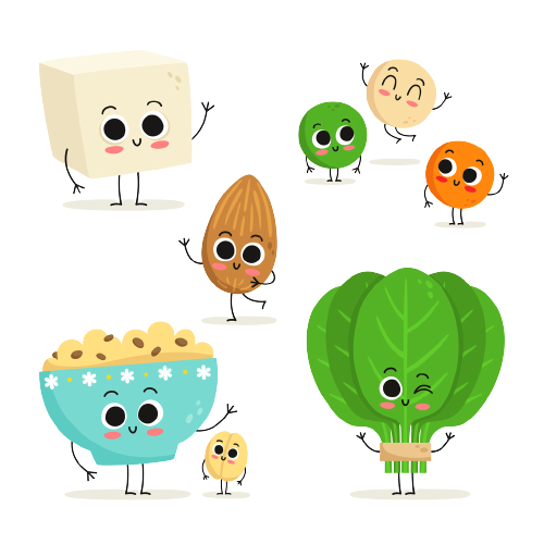 Cartoon vegetables with cute faces and arms waving, including tofu, green pea, orange carrot, brown onion, lettuce, and a bowl of cereal, all smiling and standing on stairs.