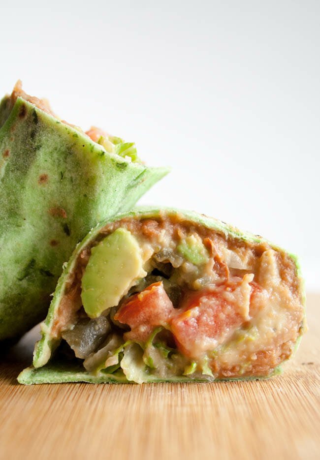 VEGAN REFRIED BEAN BURRITO WITH JALAPENO CILANTRO HUMMUS