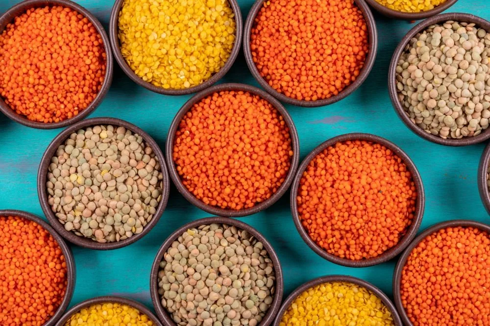 variety of types of lentils in bowls