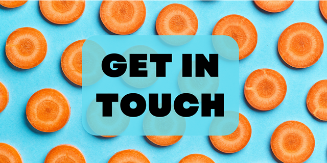 Slices of carrots on a light blue background with the words 'GET IN TOUCH' in bold black text in the center