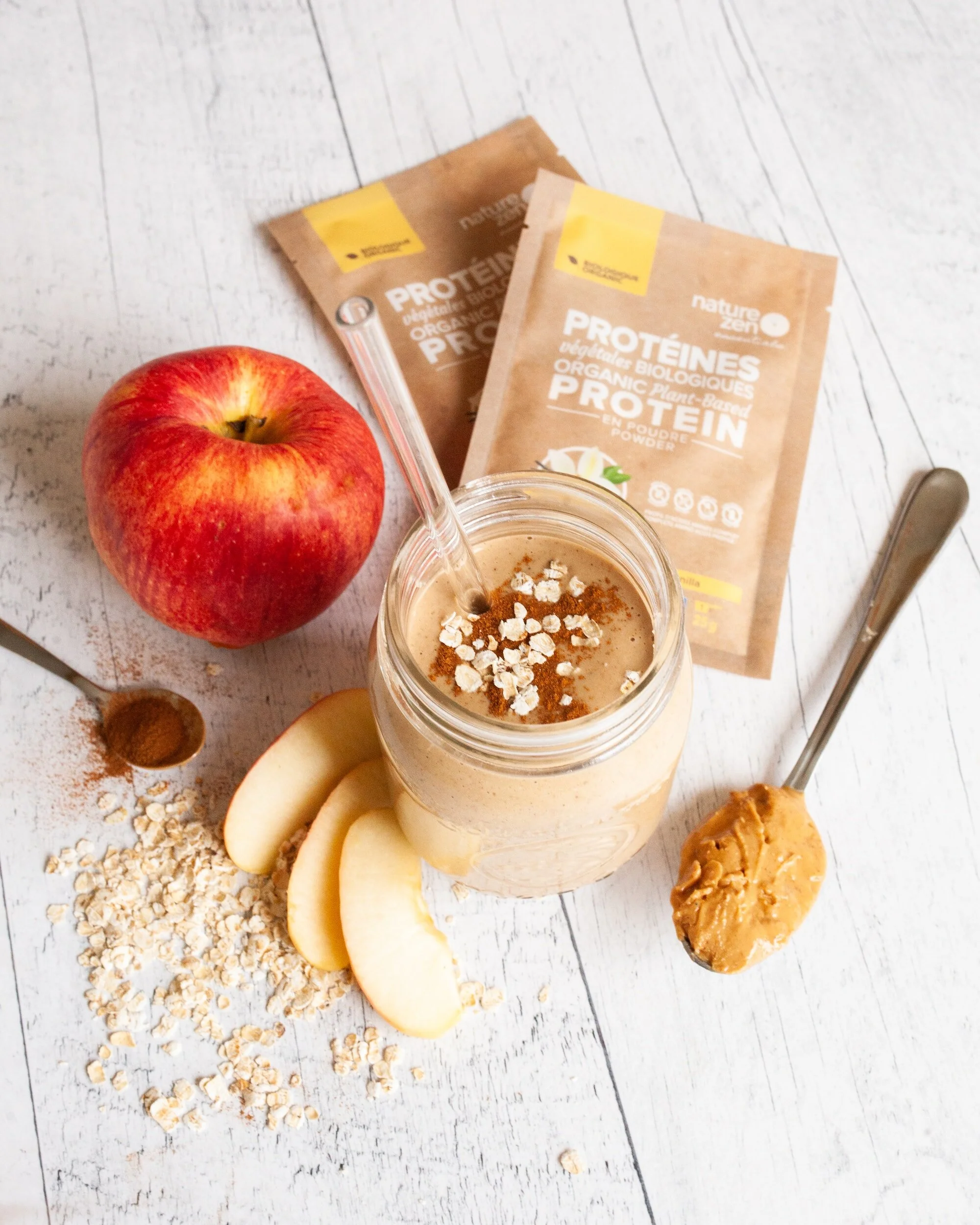 top view protein shake drink with ingredients surruonding