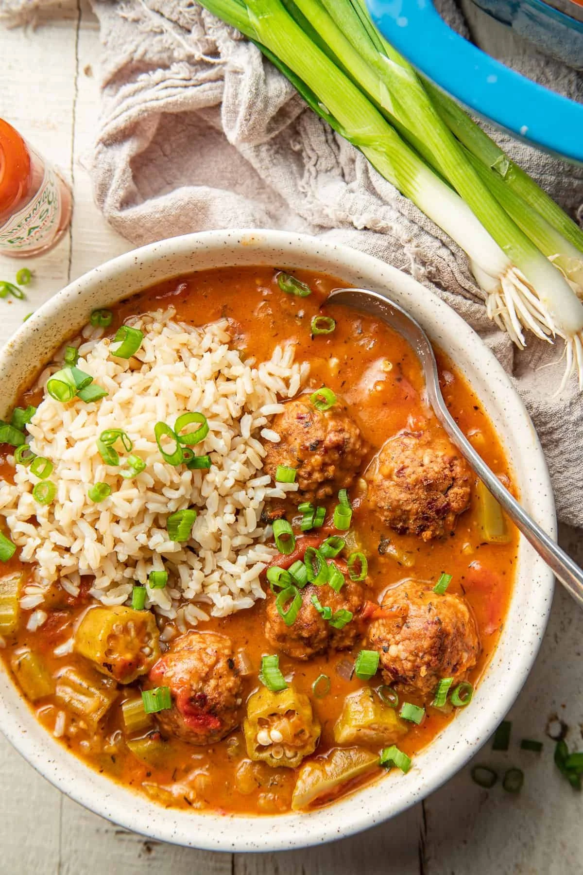 VEGAN GUMBO WITH ANDOUILLE RED BEAN MEATBALLS