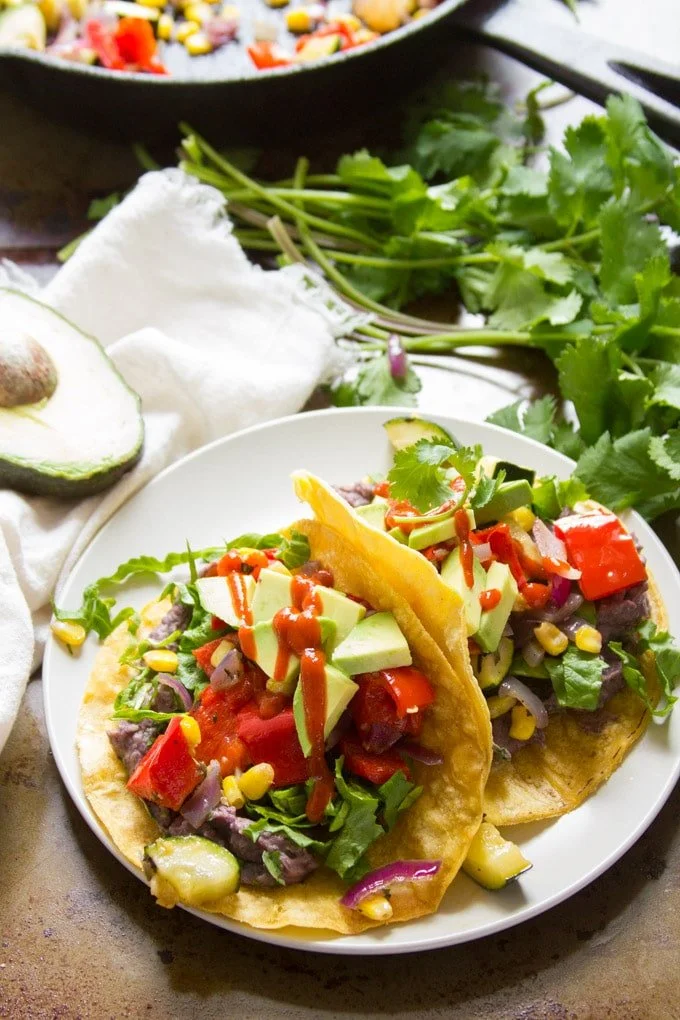 ROASTED VEGGIE TACOS WITH CREAMY WHIPPED BLACK BEANS