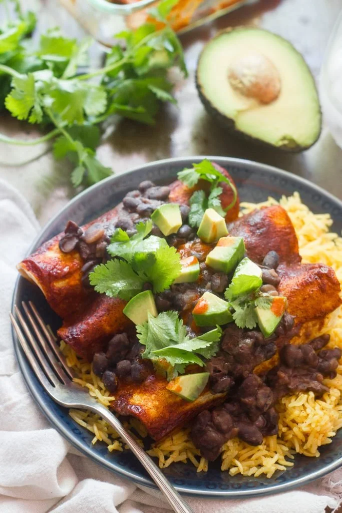 BLACK BEAN SMOTHERED PLANTAIN &amp; TOFU ENCHILADAS
