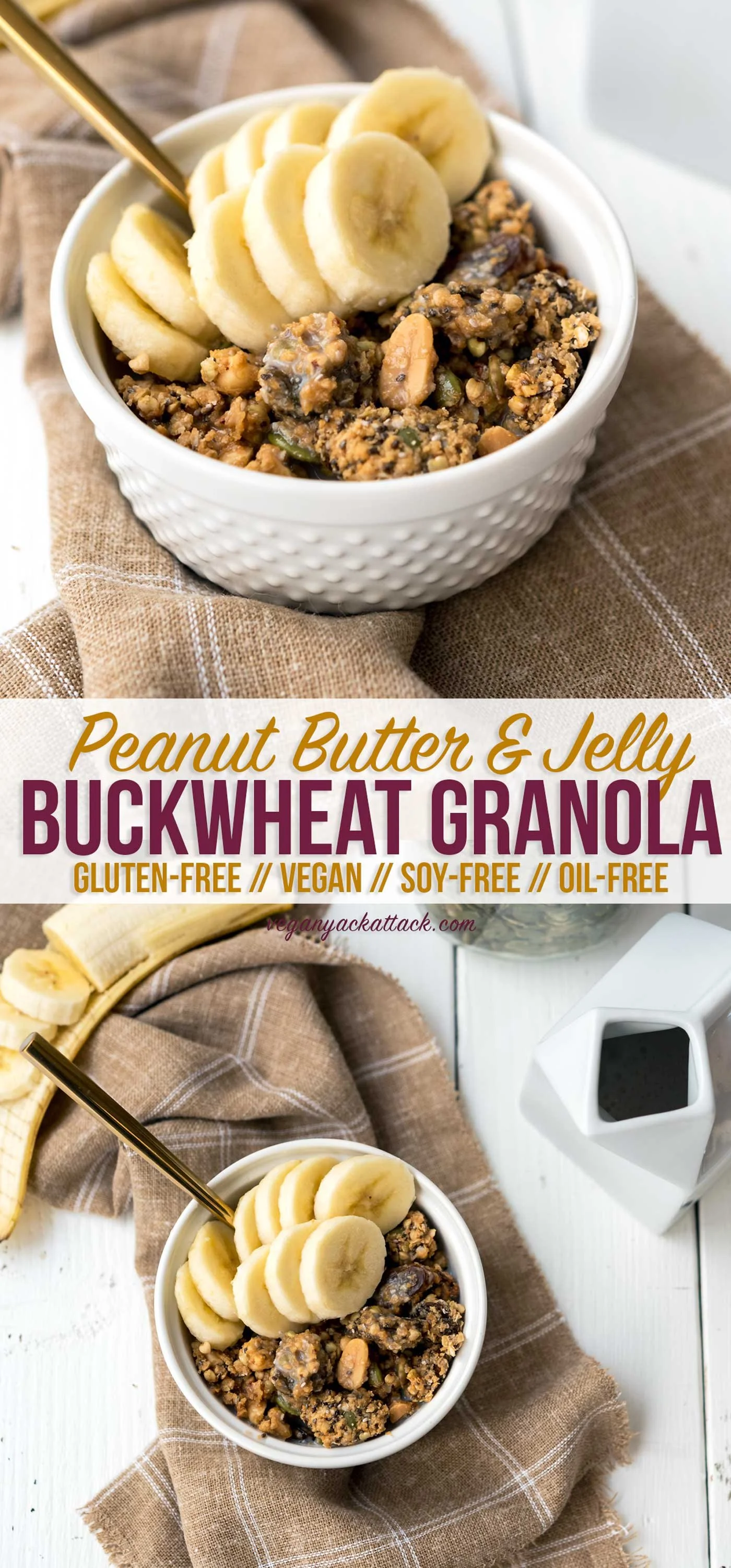 A white bowl filled with peanut butter and jelly buckwheat granola topped with sliced banana, placed on a brown cloth napkin. The top of the image includes a label about the granola's ingredients and dietary attributes.