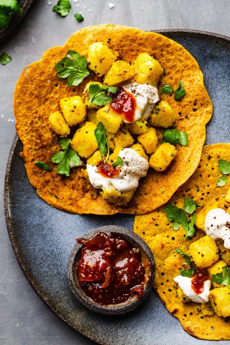 MASALA POTATOES ON RED LENTIL PANCAKES
