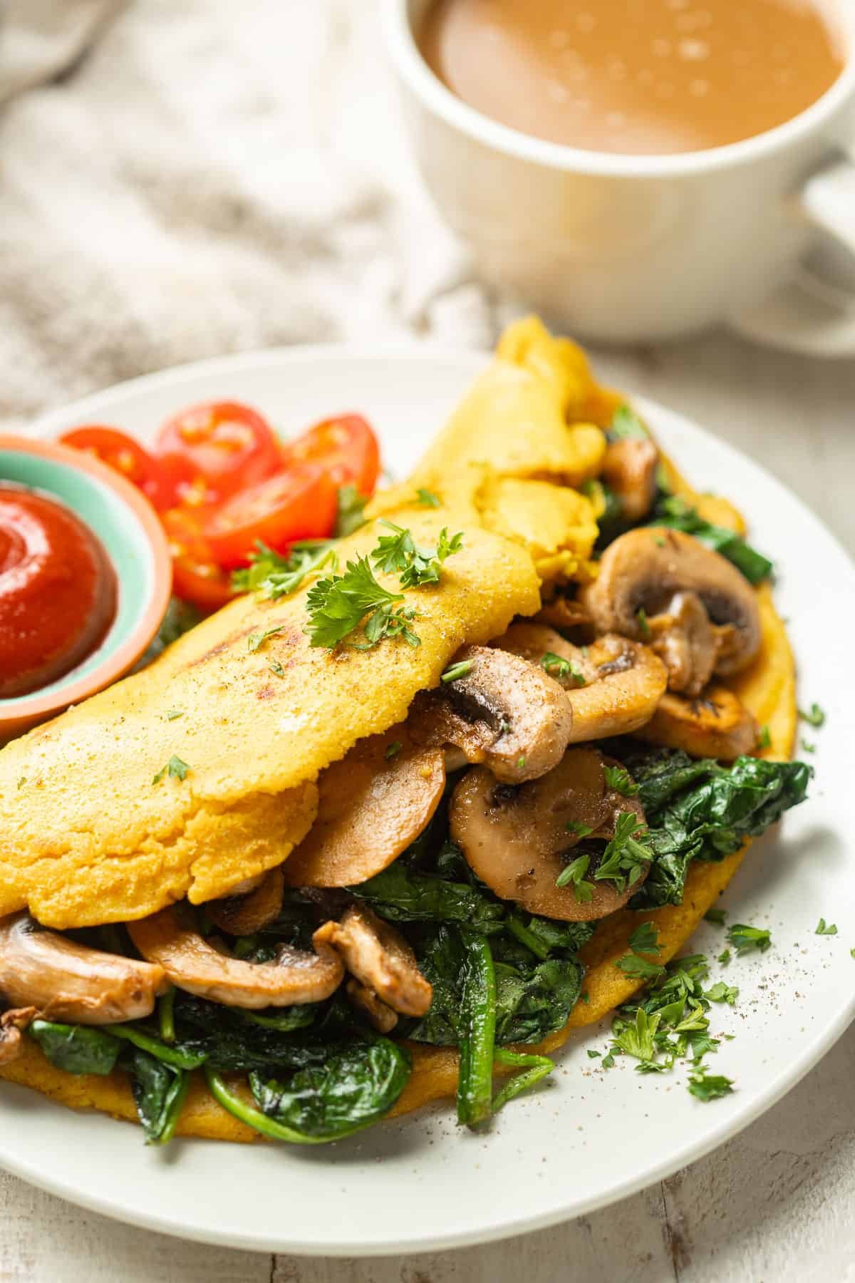 vegan omelet stuffed with mushrooms and greens