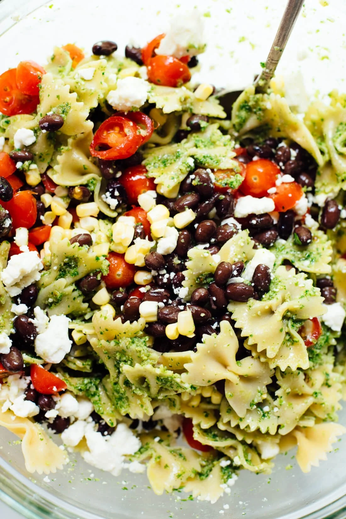 Pasta salad with bowtie pasta, cherry tomatoes, black beans, corn, chopped white cheese, and green herbs.